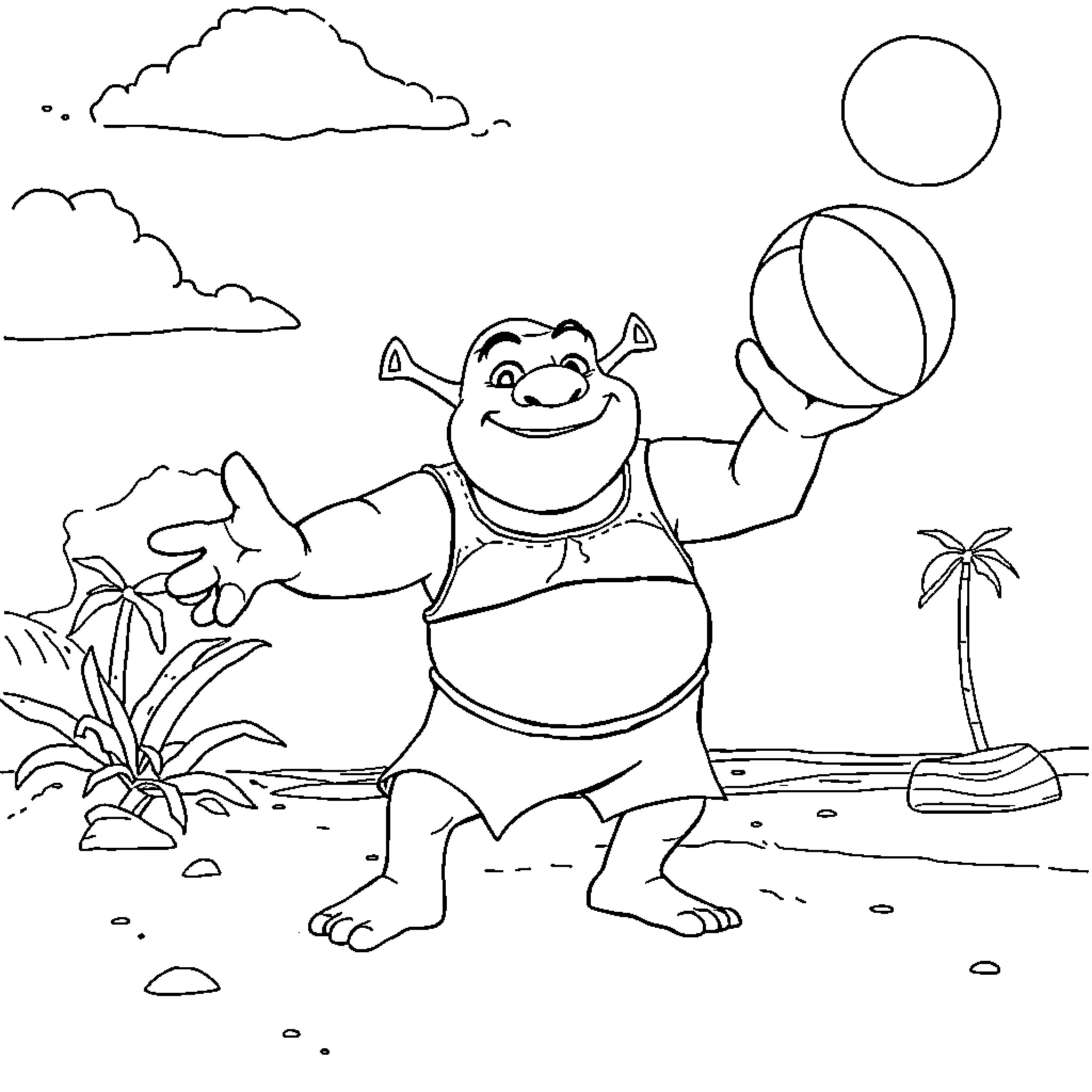 Shrek playing with a beach ball in a tropical setting Coloring Page (free black-and-white line drawing printable PDF for all, from beginners to advanced learners, including children, teens, adults, and seniors)