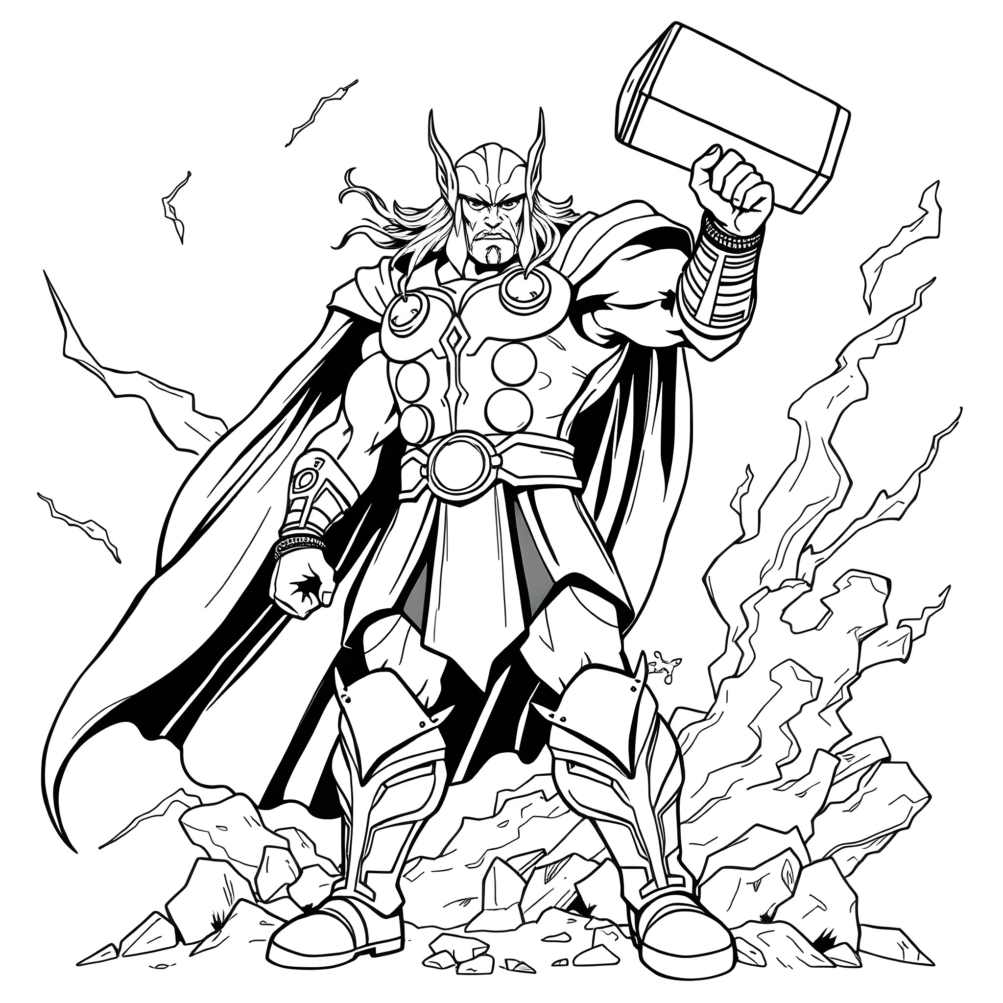 Thor the Mighty Wielding His Hammer in Action Coloring Page (free black-and-white line drawing printable PDF for all, from beginners to advanced learners, including children, teens, adults, and seniors)