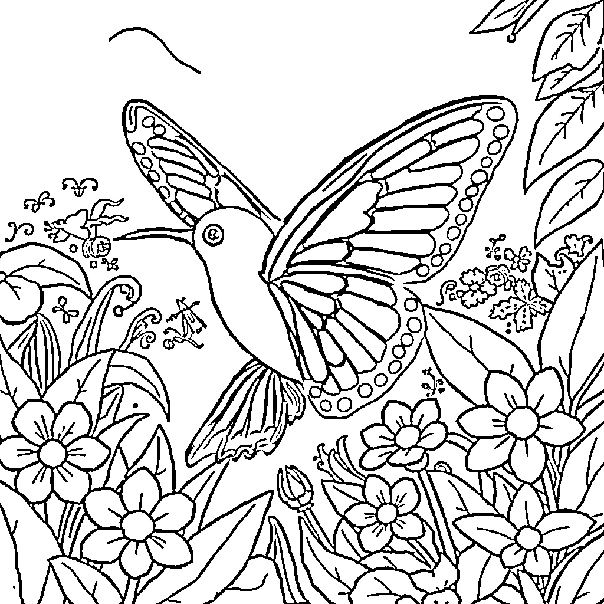 Butterfly flying among flowers in nature Coloring Page (free black-and-white line drawing printable PDF for all, from beginners to advanced learners, including children, teens, adults, and seniors)