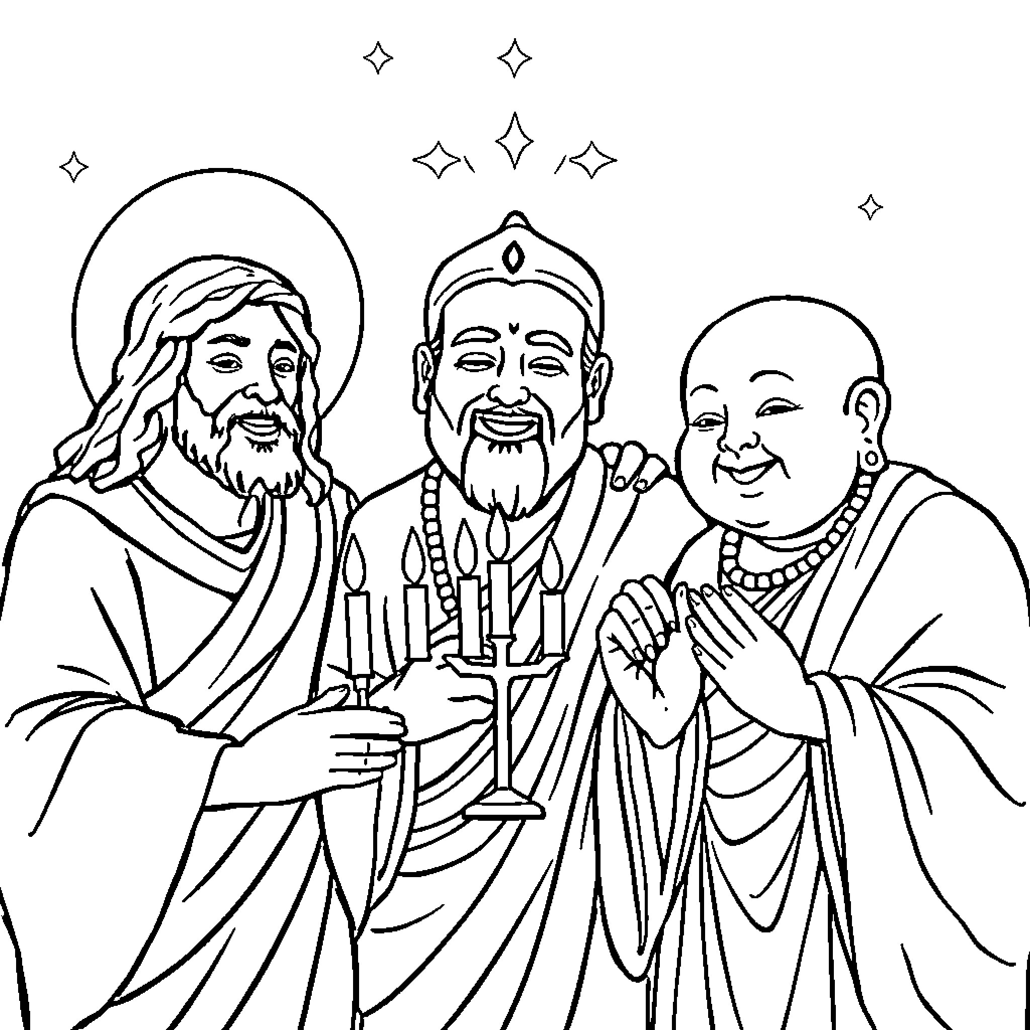 God's Messengers in Spiritual Enlightenment Coloring Page (free black-and-white line drawing printable PDF for all, from beginners to advanced learners, including children, teens, adults, and seniors)