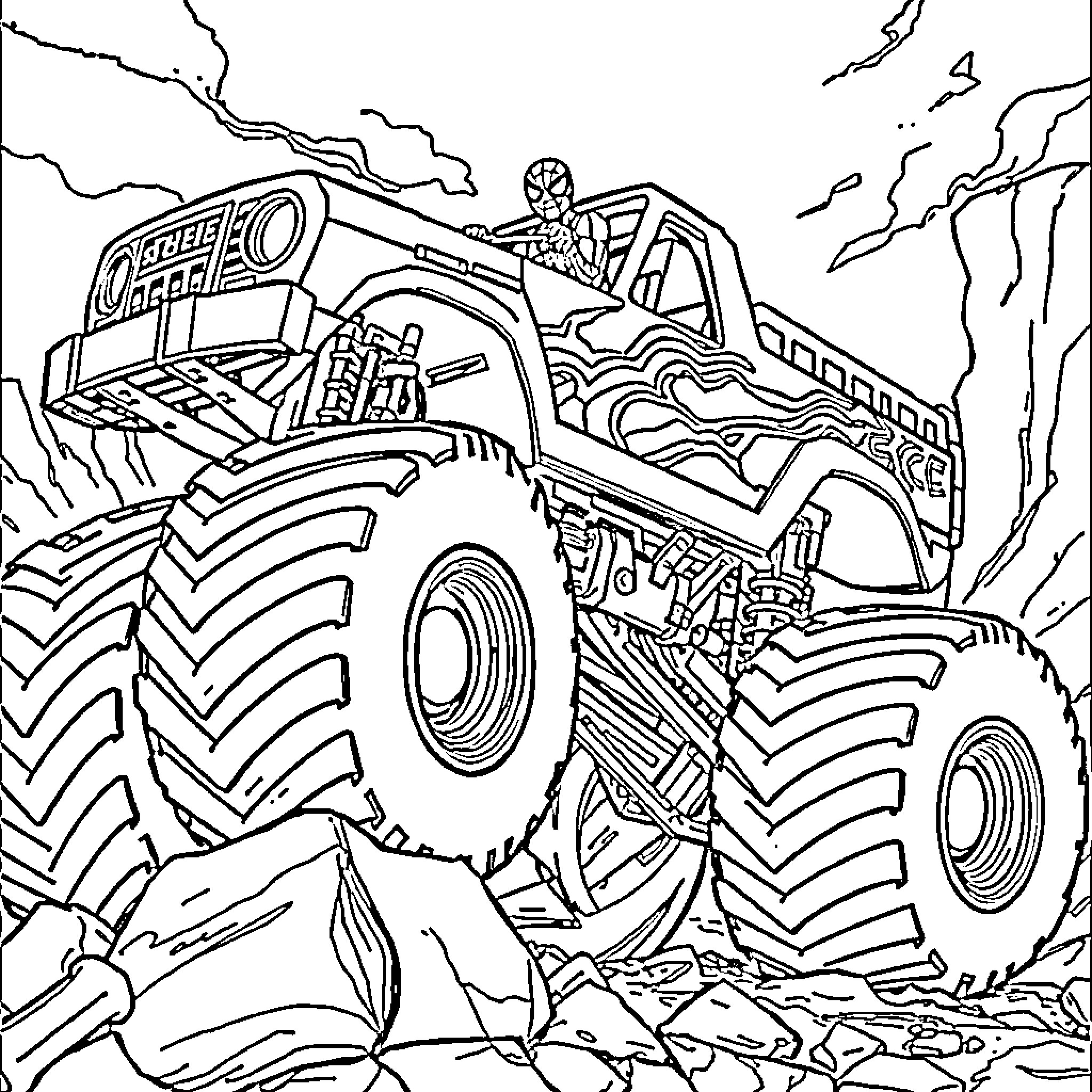 Spiderman's Monstrous Monster Truck Adventure Coloring Page (free black-and-white line drawing printable PDF for all, from beginners to advanced learners, including children, teens, adults, and seniors)