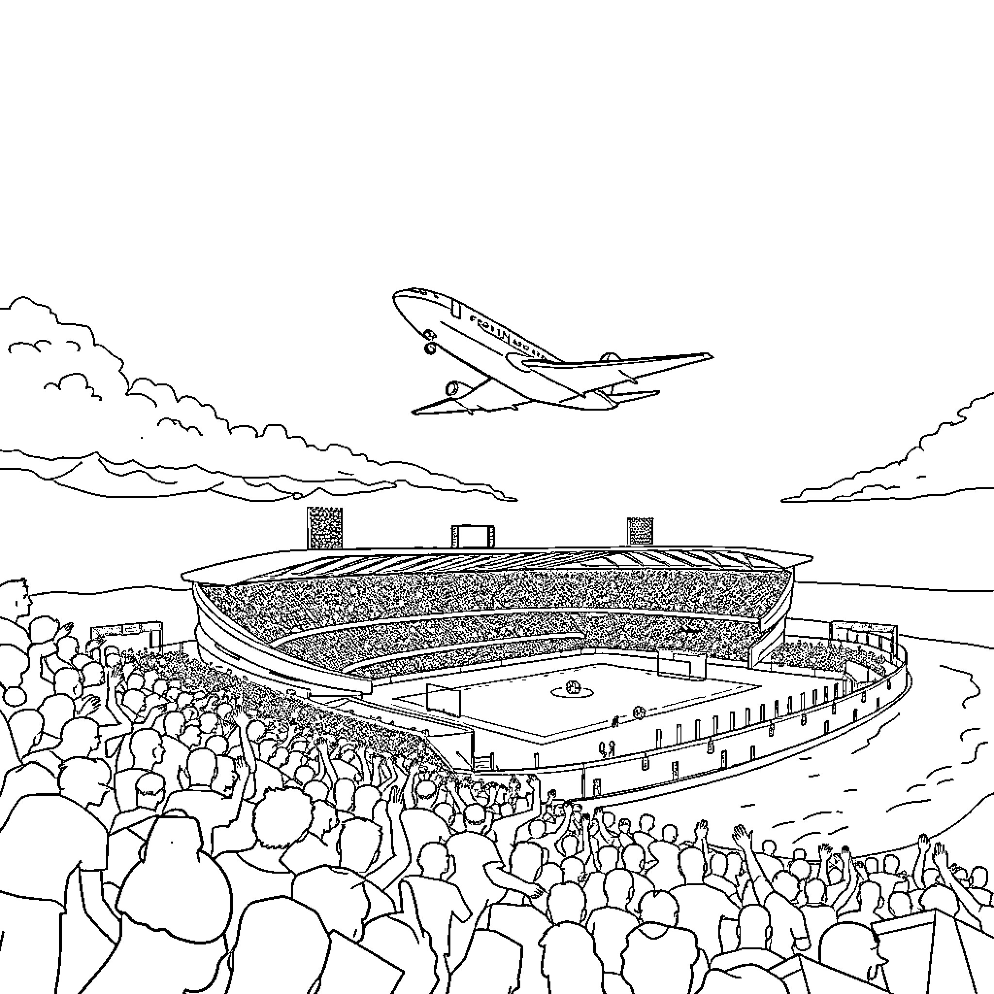 Plane flying above a crowded stadium scene Coloring Page (free black-and-white line drawing printable PDF for all, from beginners to advanced learners, including children, teens, adults, and seniors)