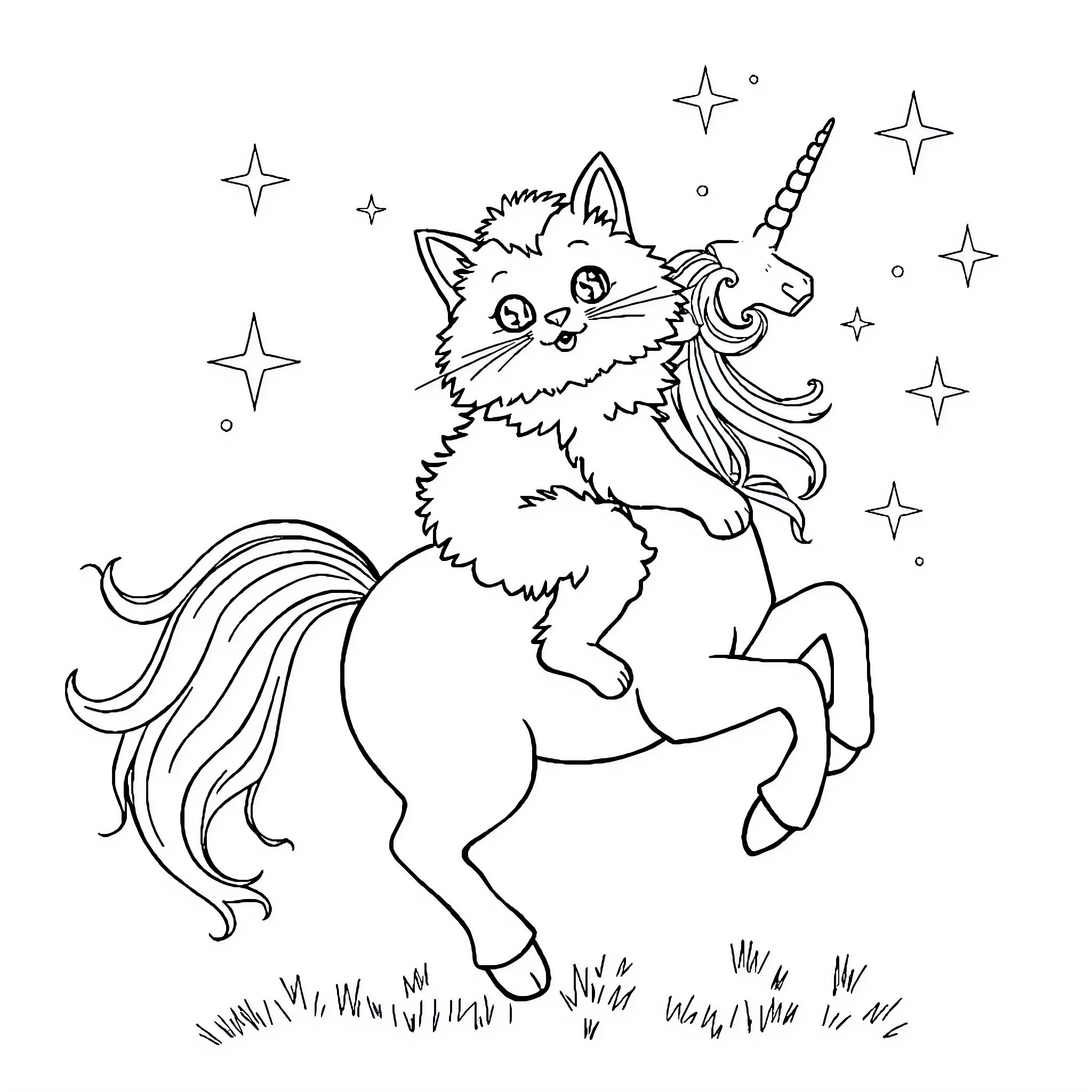 Cat unicorn playing amongst the stars Coloring Page (free black-and-white line drawing printable PDF for all, from beginners to advanced learners, including children, teens, adults, and seniors)