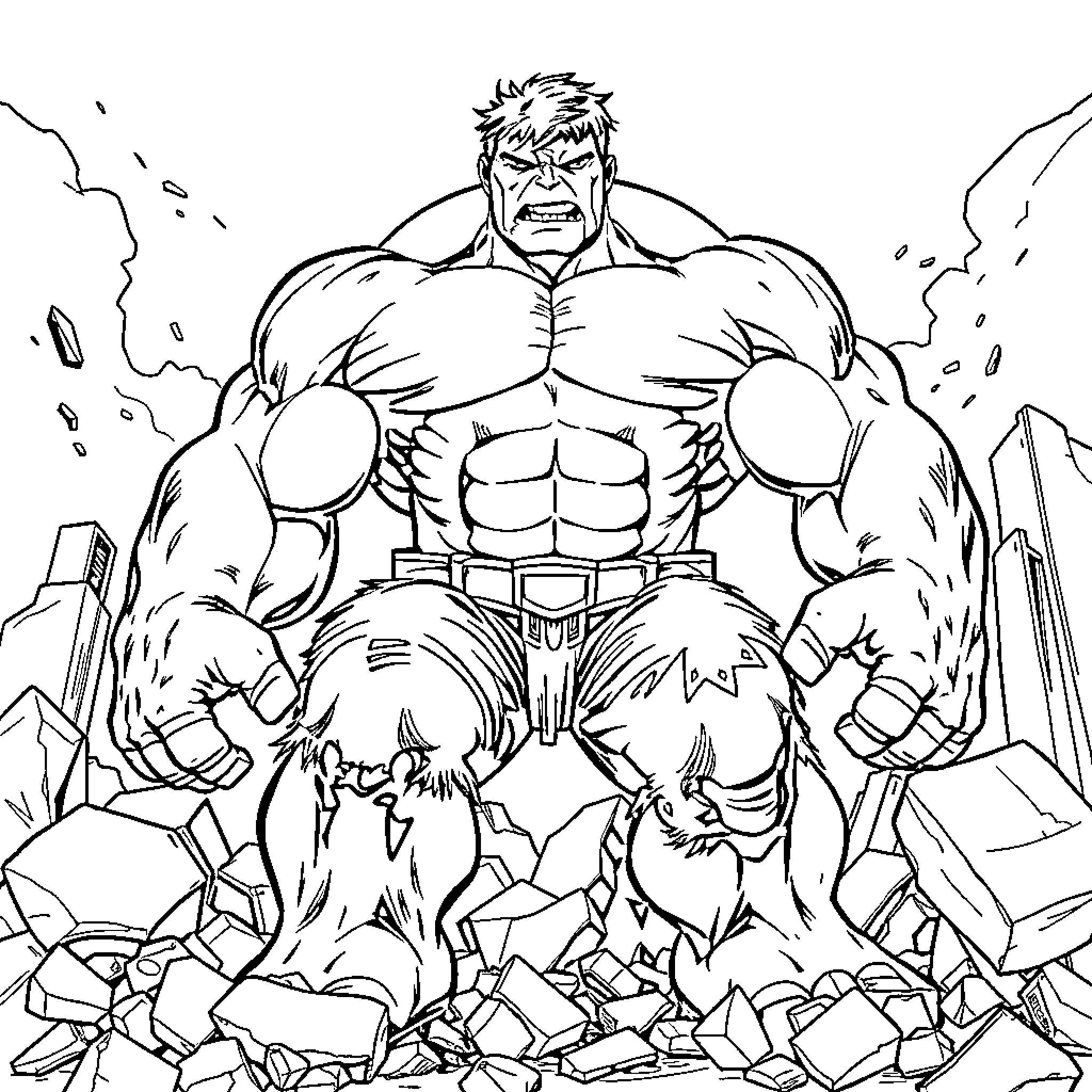 Hulk Destroying Surroundings with Sheer Strength Coloring Page (free black-and-white line drawing printable PDF for all, from beginners to advanced learners, including children, teens, adults, and seniors)