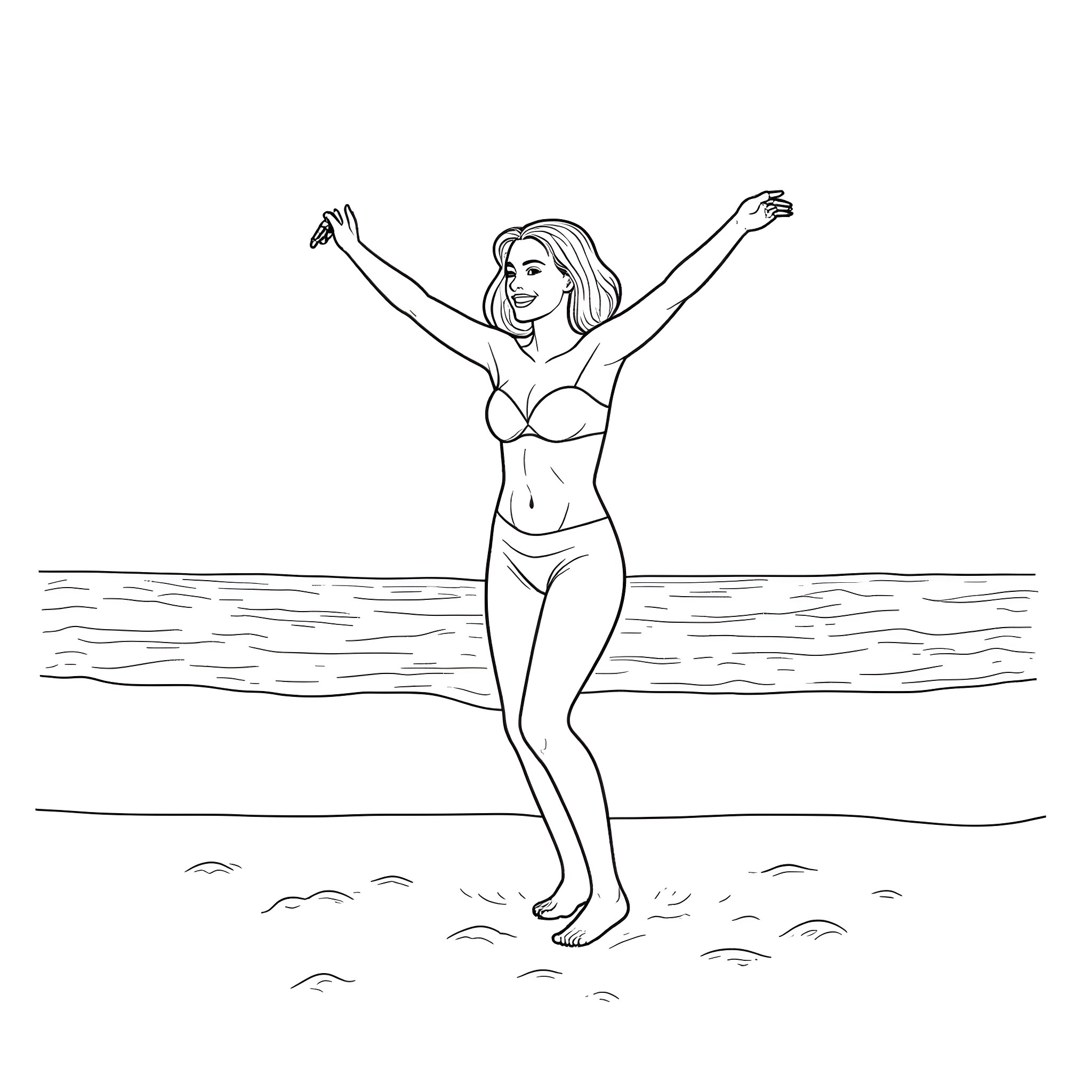 Woman enjoying the beach with arms raised Coloring Page (free black-and-white line drawing printable PDF for all, from beginners to advanced learners, including children, teens, adults, and seniors)