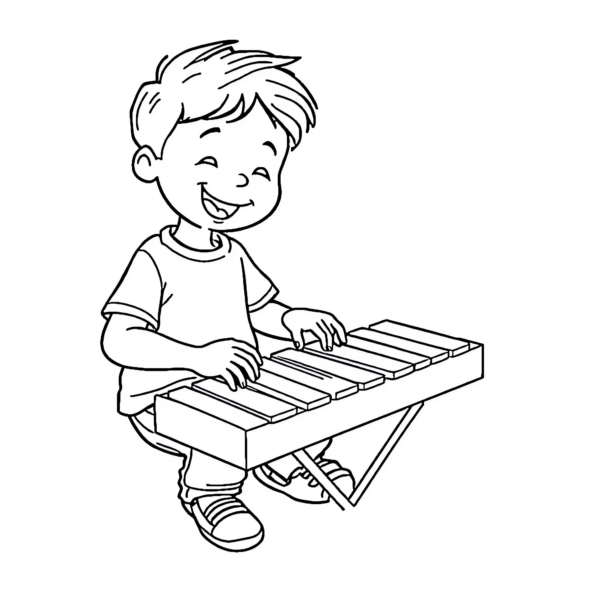 Student playing happily on toy piano Coloring Page (free black-and-white line drawing printable PDF for all, from beginners to advanced learners, including children, teens, adults, and seniors)