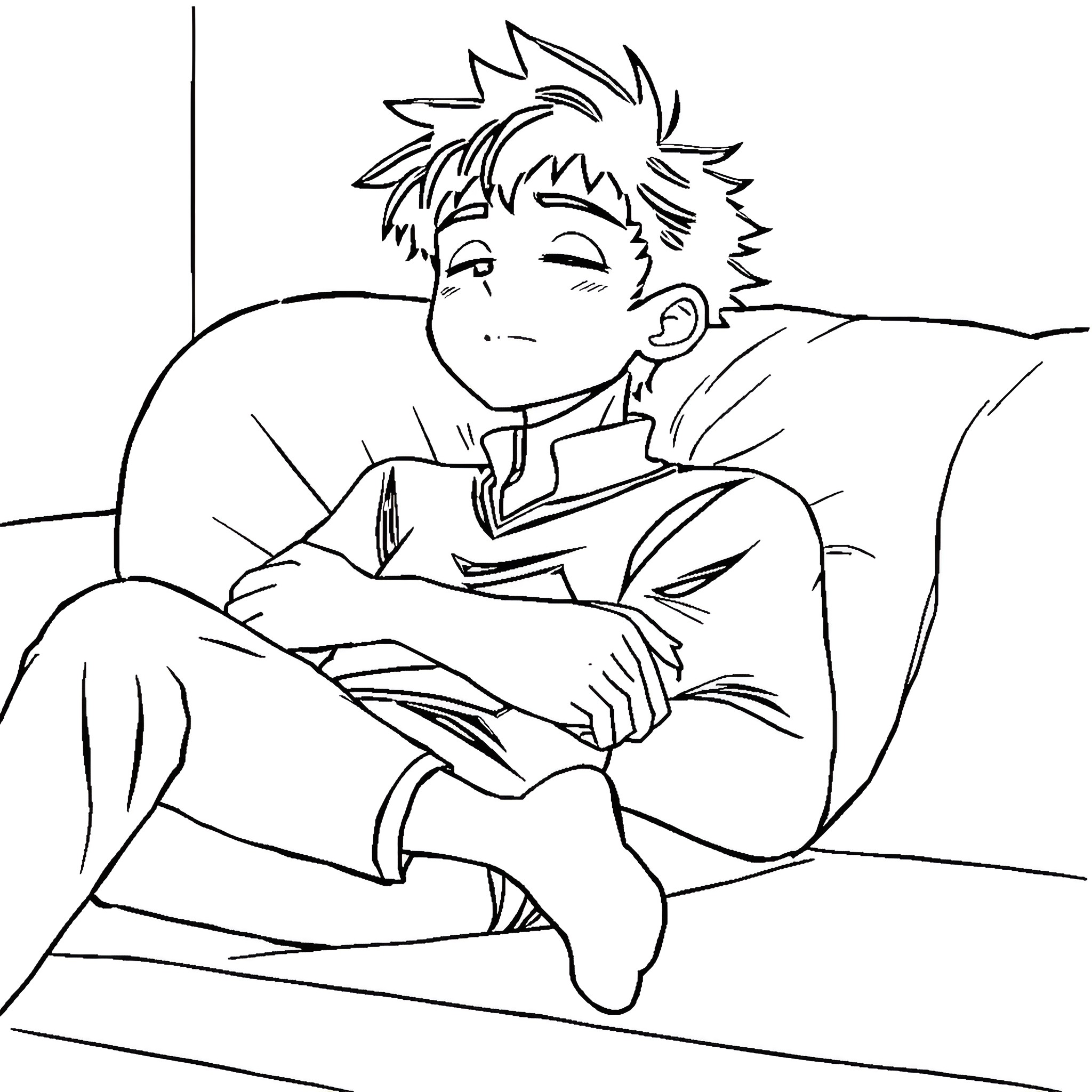 Gojo Satoru relaxing in thoughtful contemplation Coloring Page (free black-and-white line drawing printable PDF for all, from beginners to advanced learners, including children, teens, adults, and seniors)