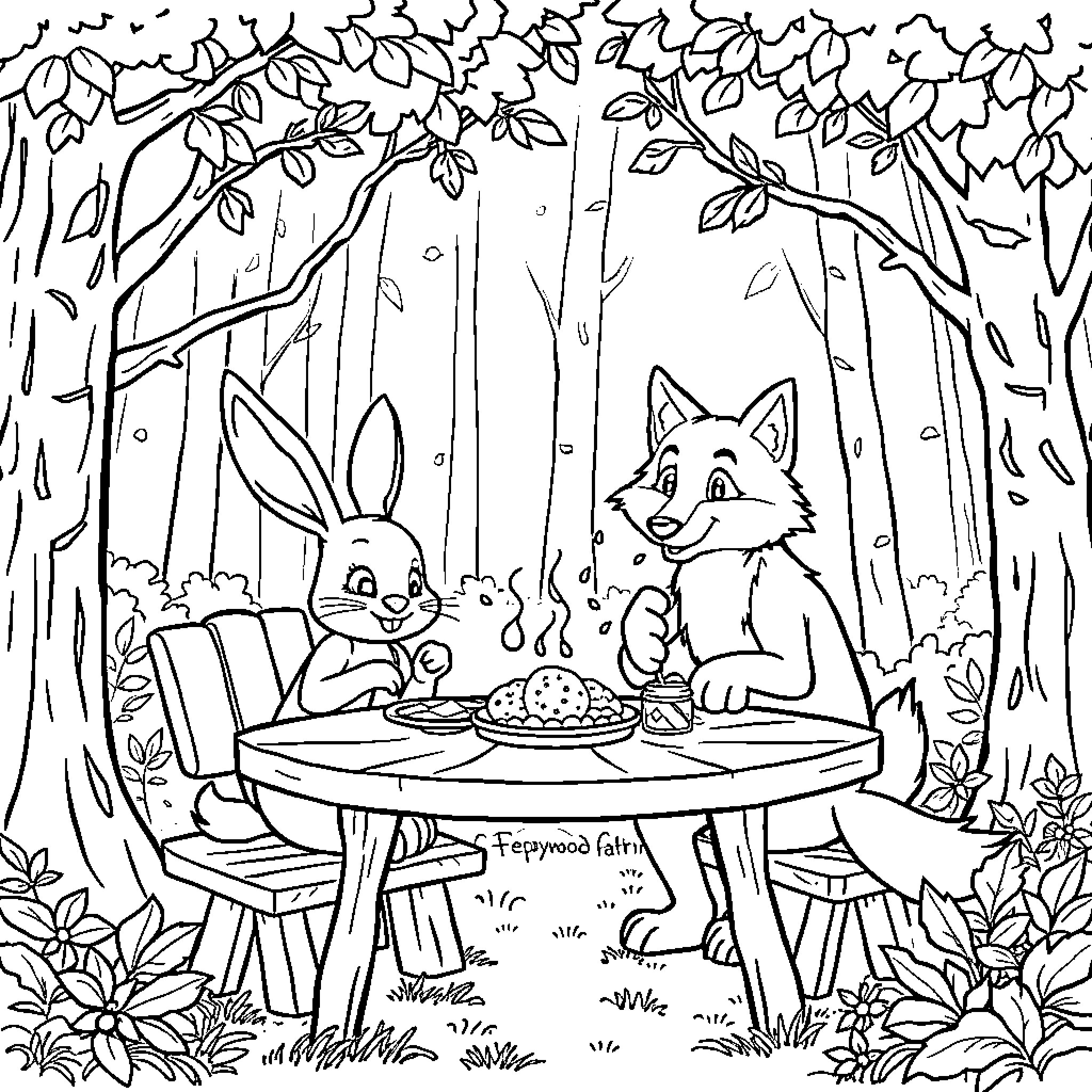 Rabbit and Fox Enjoying Picnic in Woodland Coloring Page (free black-and-white line drawing printable PDF for all, from beginners to advanced learners, including children, teens, adults, and seniors)