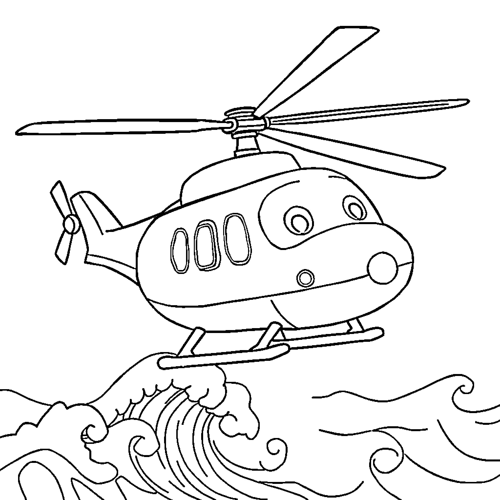 Helicopter flying over rough seas Coloring Page (free black-and-white line drawing printable PDF for all, from beginners to advanced learners, including children, teens, adults, and seniors)