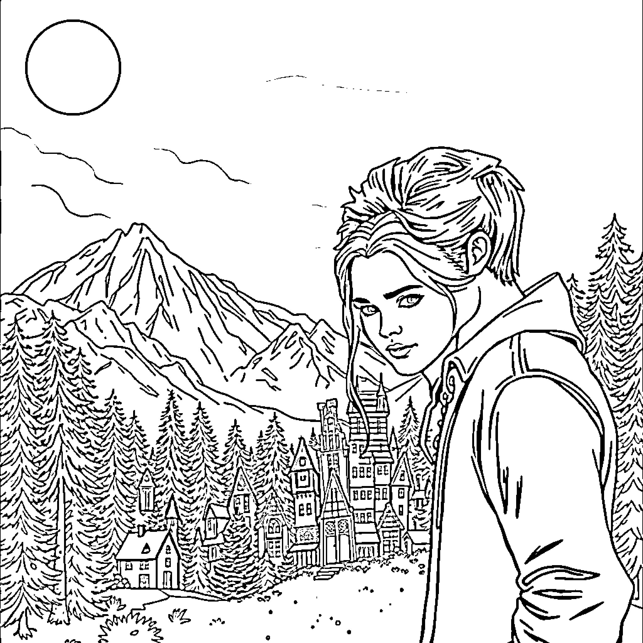 Twilight Saga: Protagonist Contemplates Majestic Mountain Scene Coloring Page (free black-and-white line drawing printable PDF for all, from beginners to advanced learners, including children, teens, adults, and seniors)