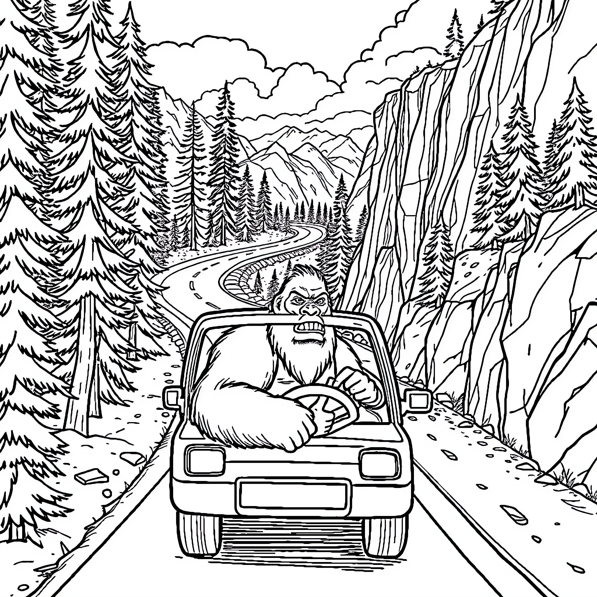 Bigfoot driving a car through a scenic mountain landscape Coloring Page (free black-and-white line drawing printable PDF for all, from beginners to advanced learners, including children, teens, adults, and seniors)