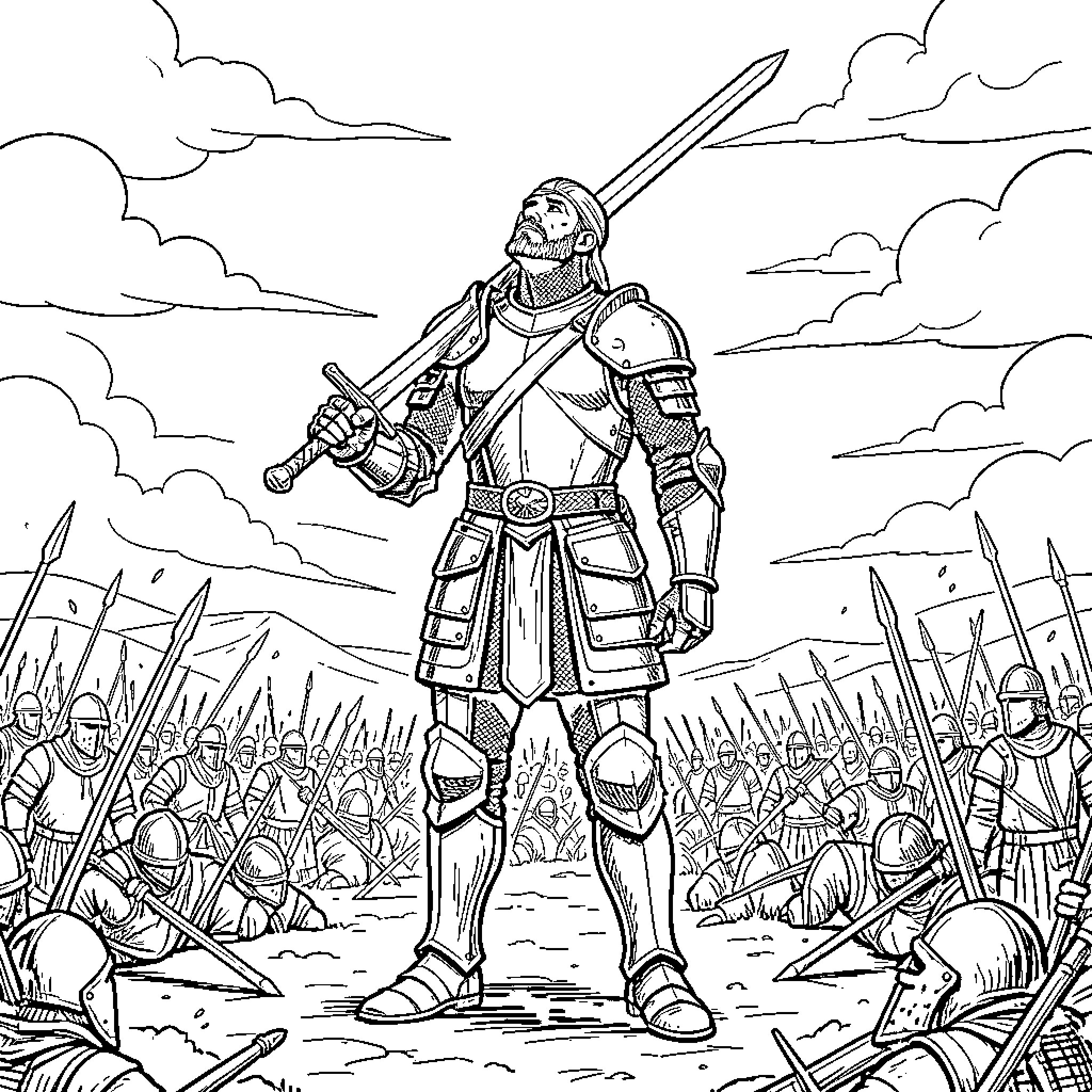 Knight standing tall amidst a vast army Coloring Page (free black-and-white line drawing printable PDF for all, from beginners to advanced learners, including children, teens, adults, and seniors)