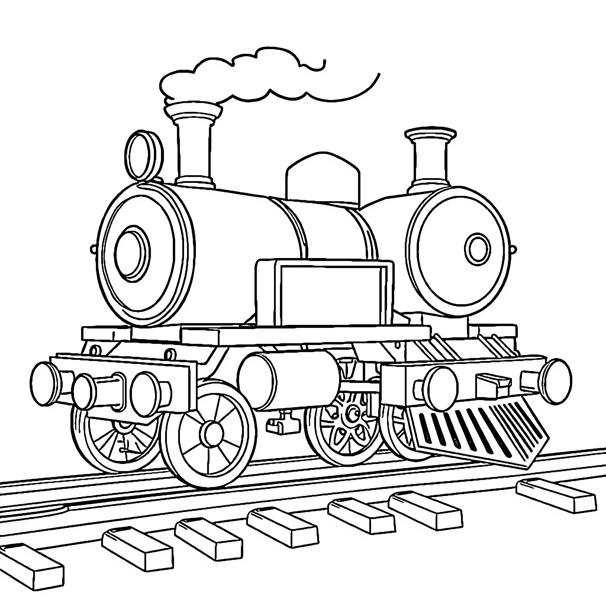 Train Engine Chugging Down the Tracks Coloring Page (free black-and-white line drawing printable PDF for all, from beginners to advanced learners, including children, teens, adults, and seniors)