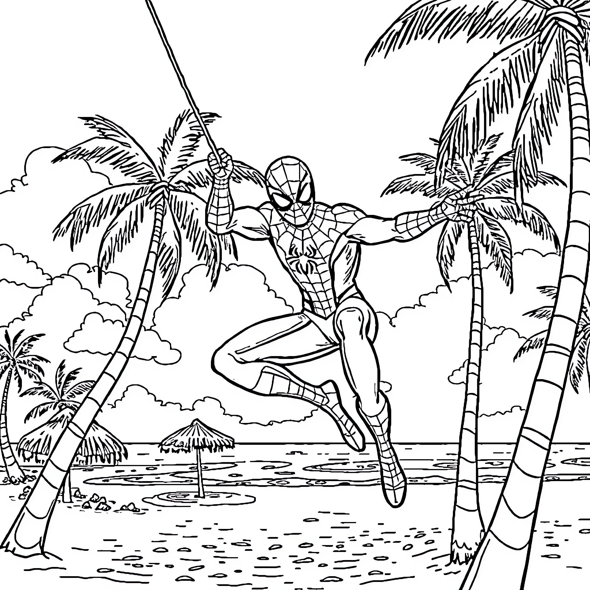 Spiderman swinging through tropical paradise Coloring Page (free black-and-white line drawing printable PDF for all, from beginners to advanced learners, including children, teens, adults, and seniors)