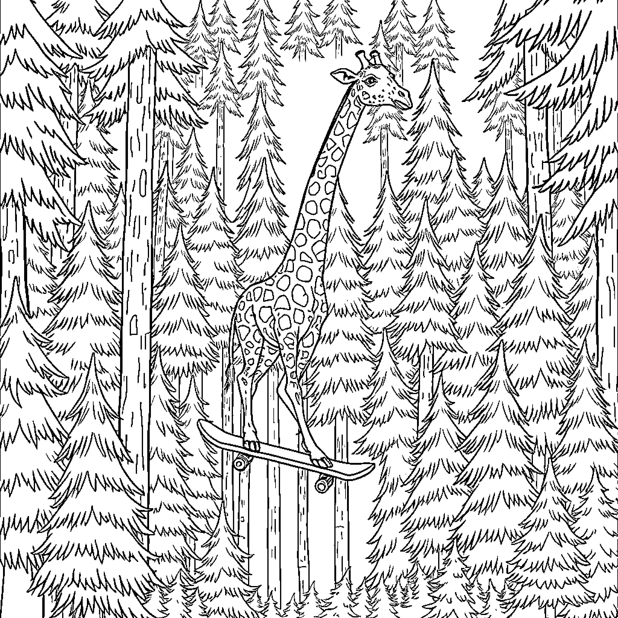 Giraffe exploring the forest Coloring Page (free black-and-white line drawing printable PDF for all, from beginners to advanced learners, including children, teens, adults, and seniors)