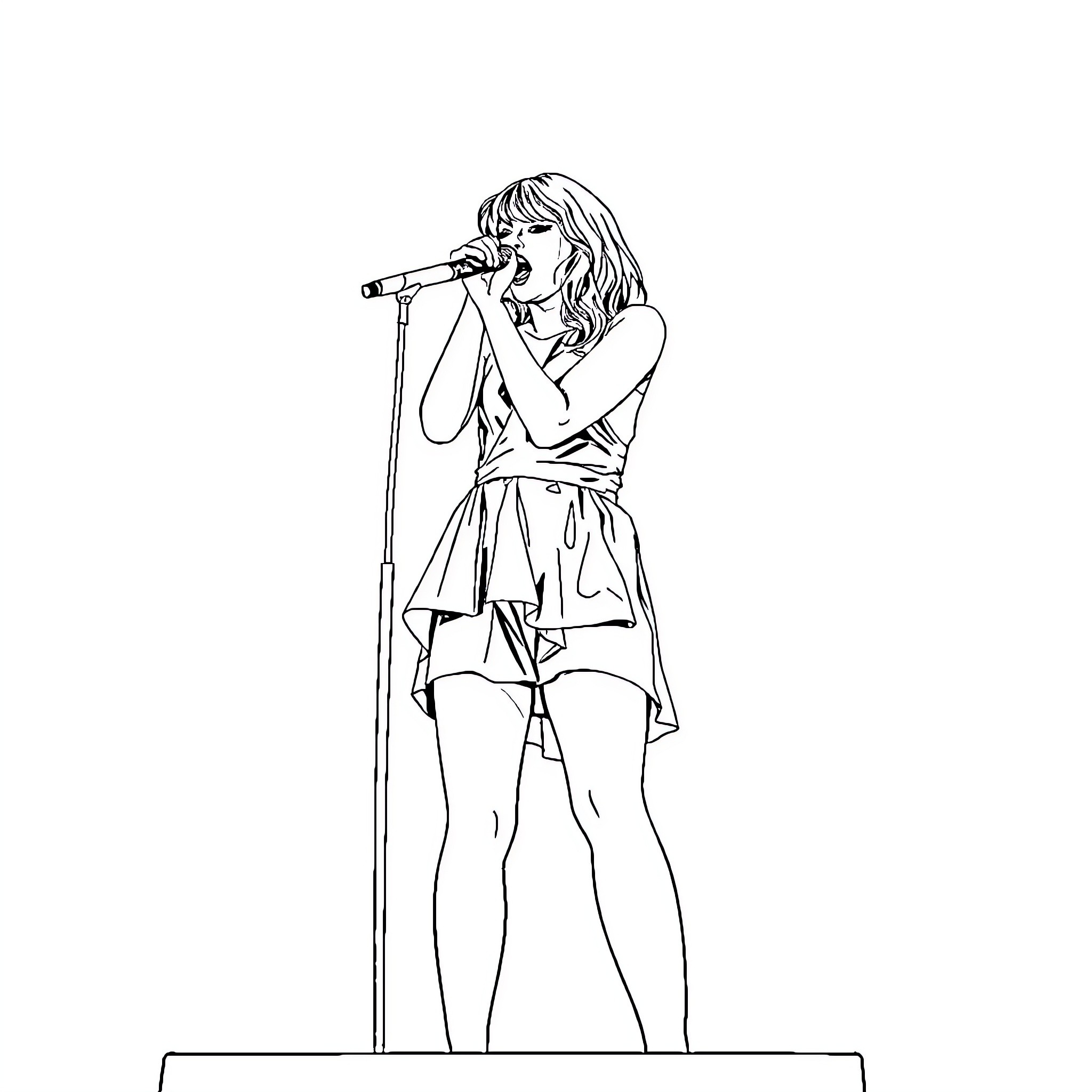Taylor Swift performing on stage with microphone Coloring Page (free black-and-white line drawing printable PDF for all, from beginners to advanced learners, including children, teens, adults, and seniors)