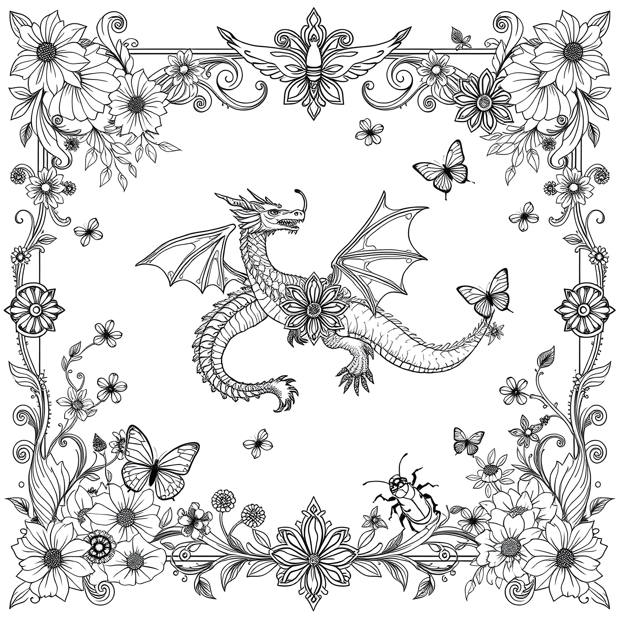 Dragon and floral fantasy scene Coloring Page (free black-and-white line drawing printable PDF for all, from beginners to advanced learners, including children, teens, adults, and seniors)