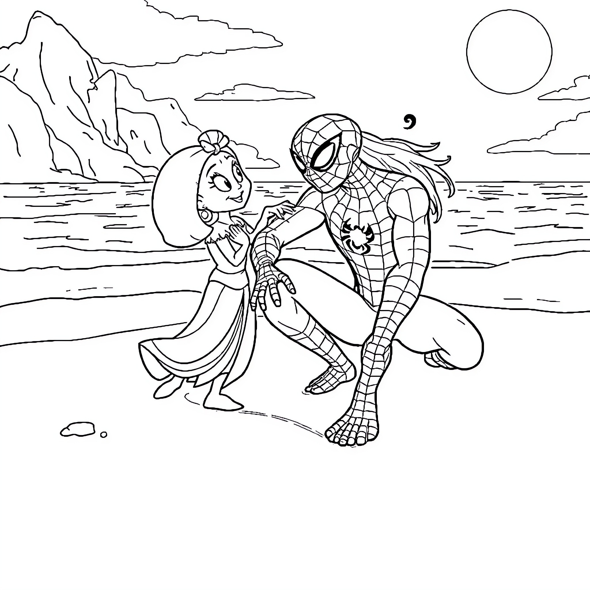 Spiderman assisting a stranded person on the beach Coloring Page (free black-and-white line drawing printable PDF for all, from beginners to advanced learners, including children, teens, adults, and seniors)