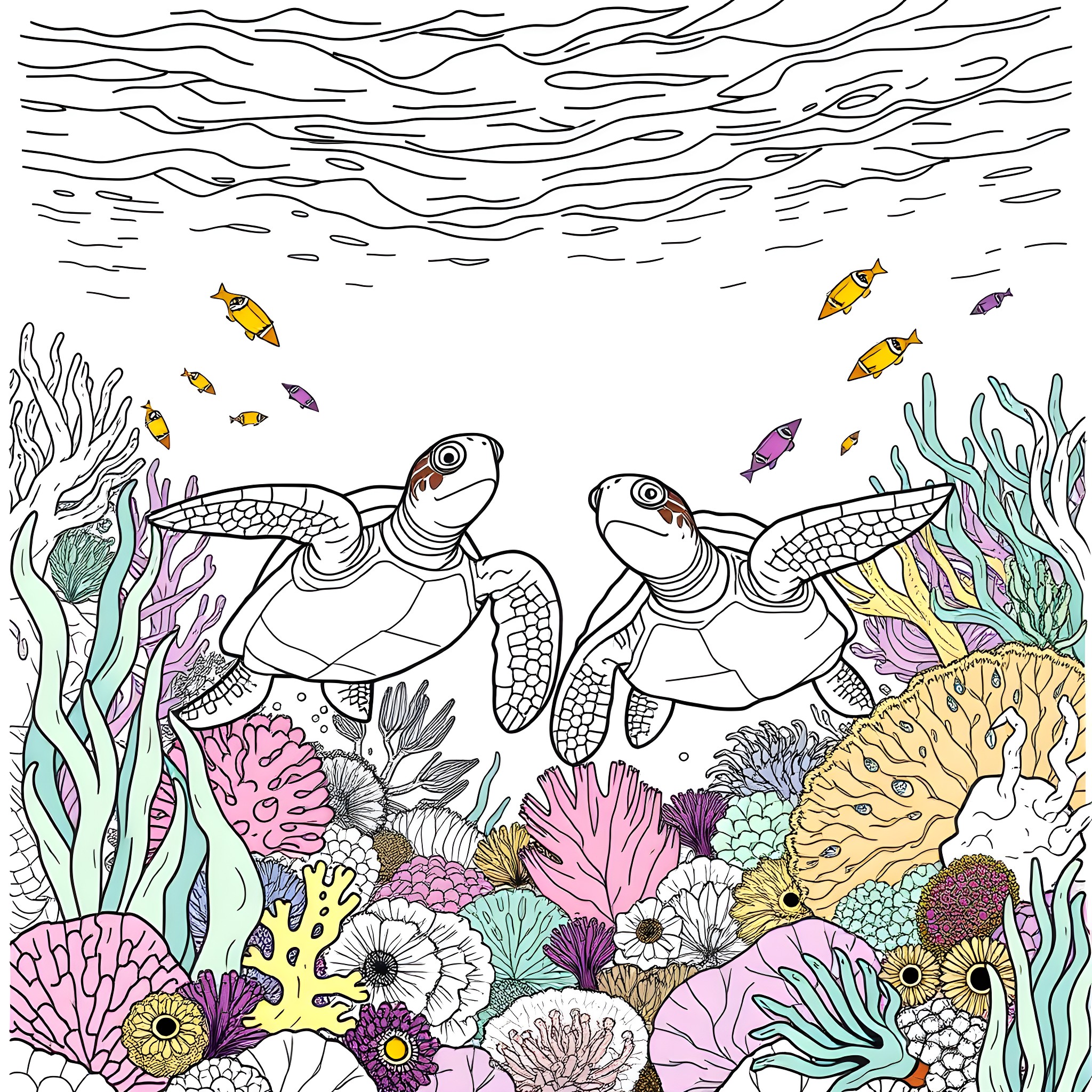 Turtle exploring the vibrant underwater coral reef Coloring Page (free black-and-white line drawing printable PDF for all, from beginners to advanced learners, including children, teens, adults, and seniors)