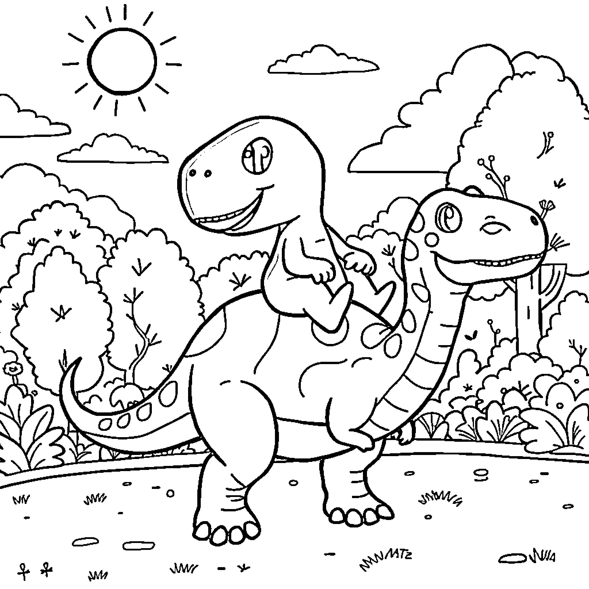 Bluey's Dinosaur Adventure in the Park Coloring Page (free black-and-white line drawing printable PDF for all, from beginners to advanced learners, including children, teens, adults, and seniors)