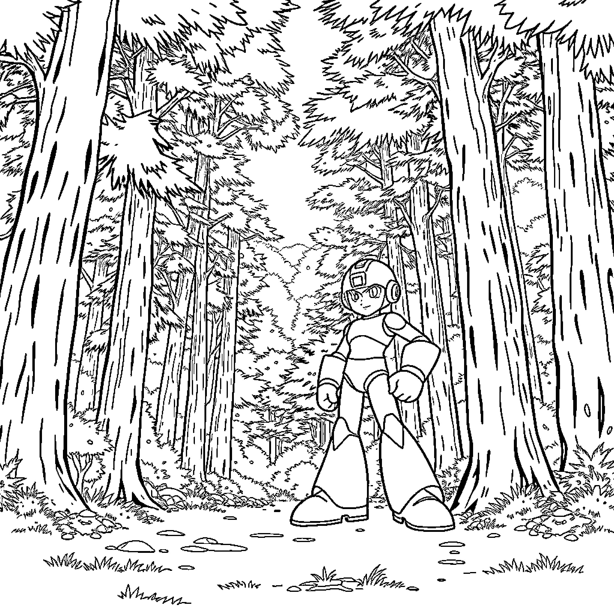Megaman exploring the forest landscape Coloring Page (free black-and-white line drawing printable PDF for all, from beginners to advanced learners, including children, teens, adults, and seniors)