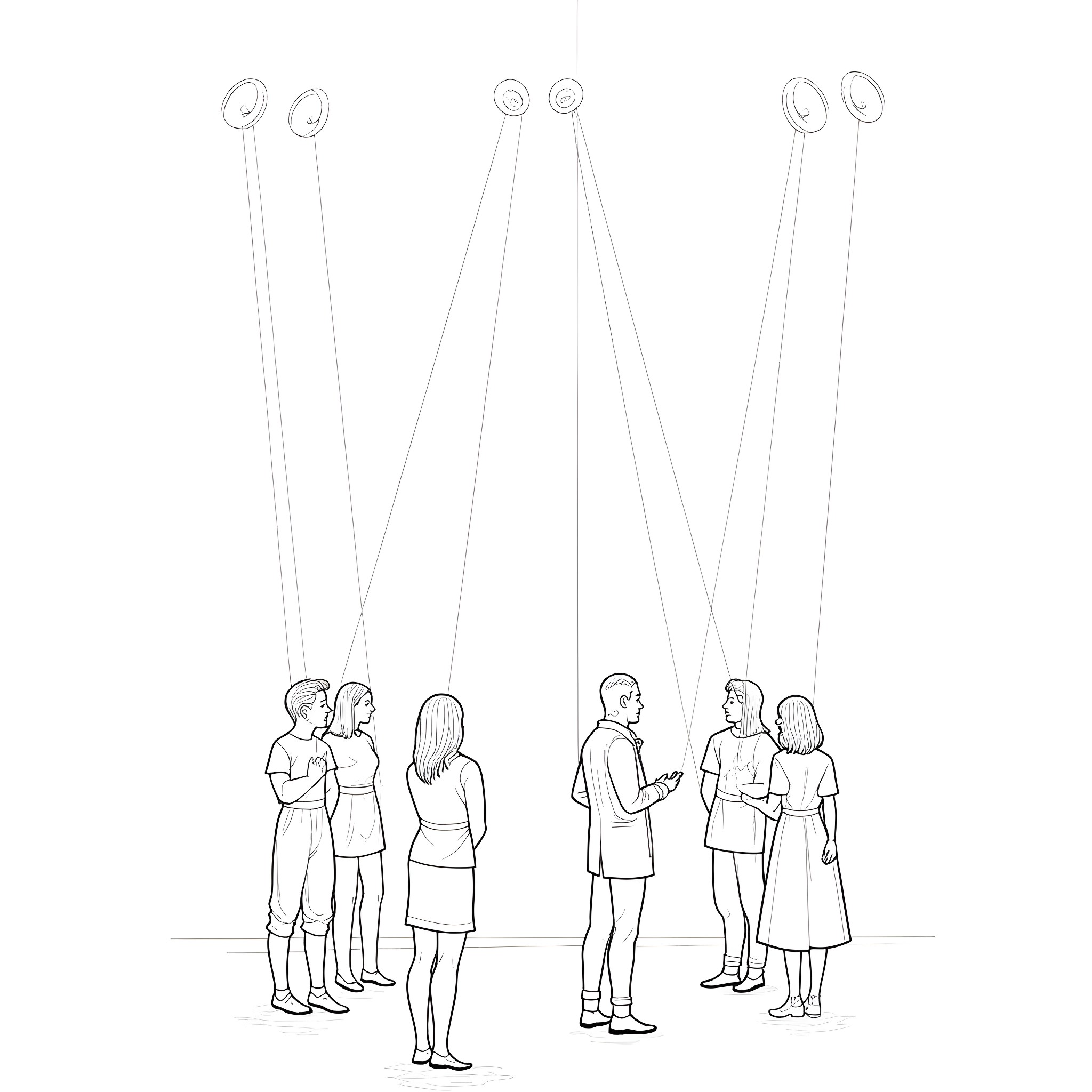 Theater Lighting Illuminating Performers on Stage Coloring Page (free black-and-white line drawing printable PDF for all, from beginners to advanced learners, including children, teens, adults, and seniors)