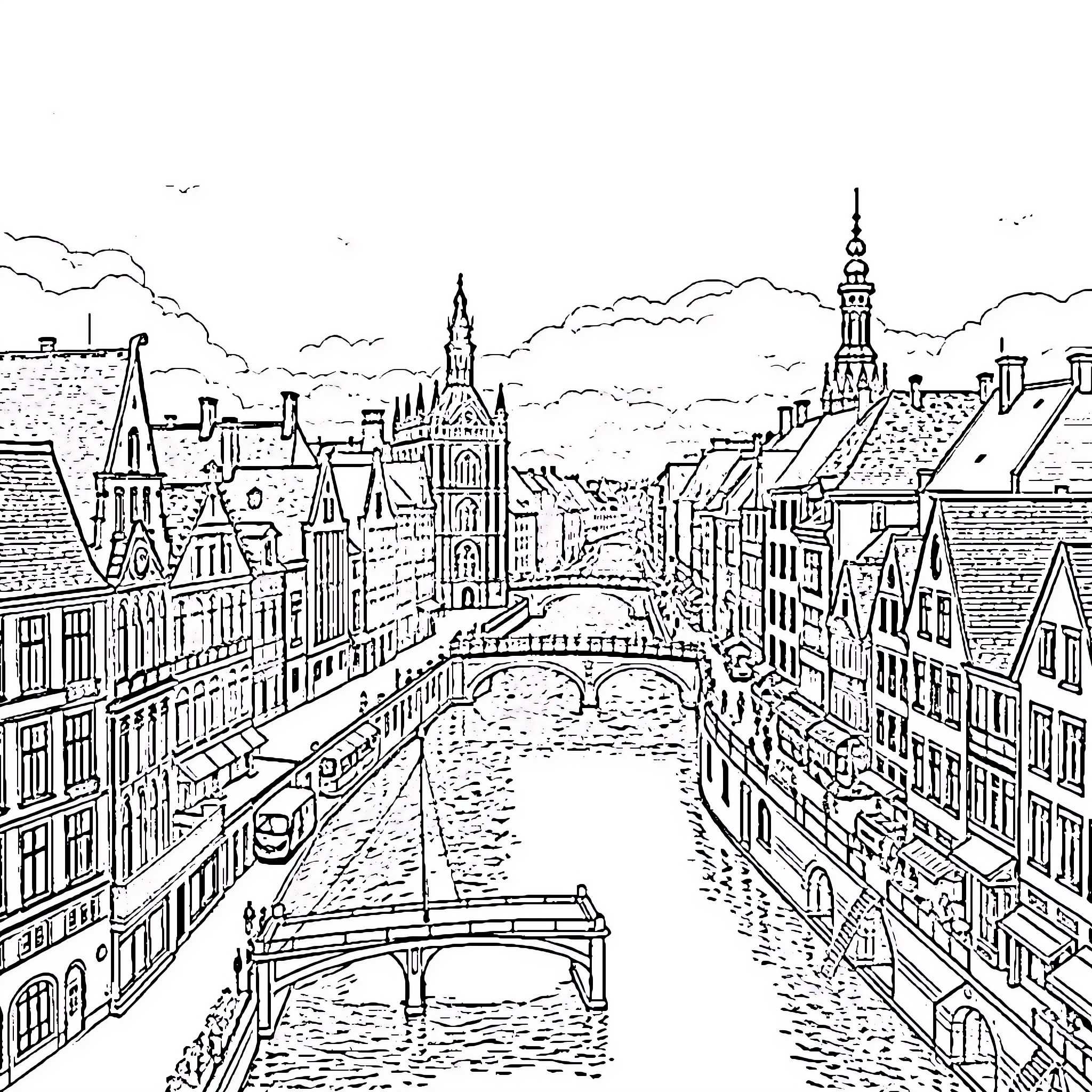 Ghent's historic cityscape with architectural landmarks Coloring Page (free black-and-white line drawing printable PDF for all, from beginners to advanced learners, including children, teens, adults, and seniors)