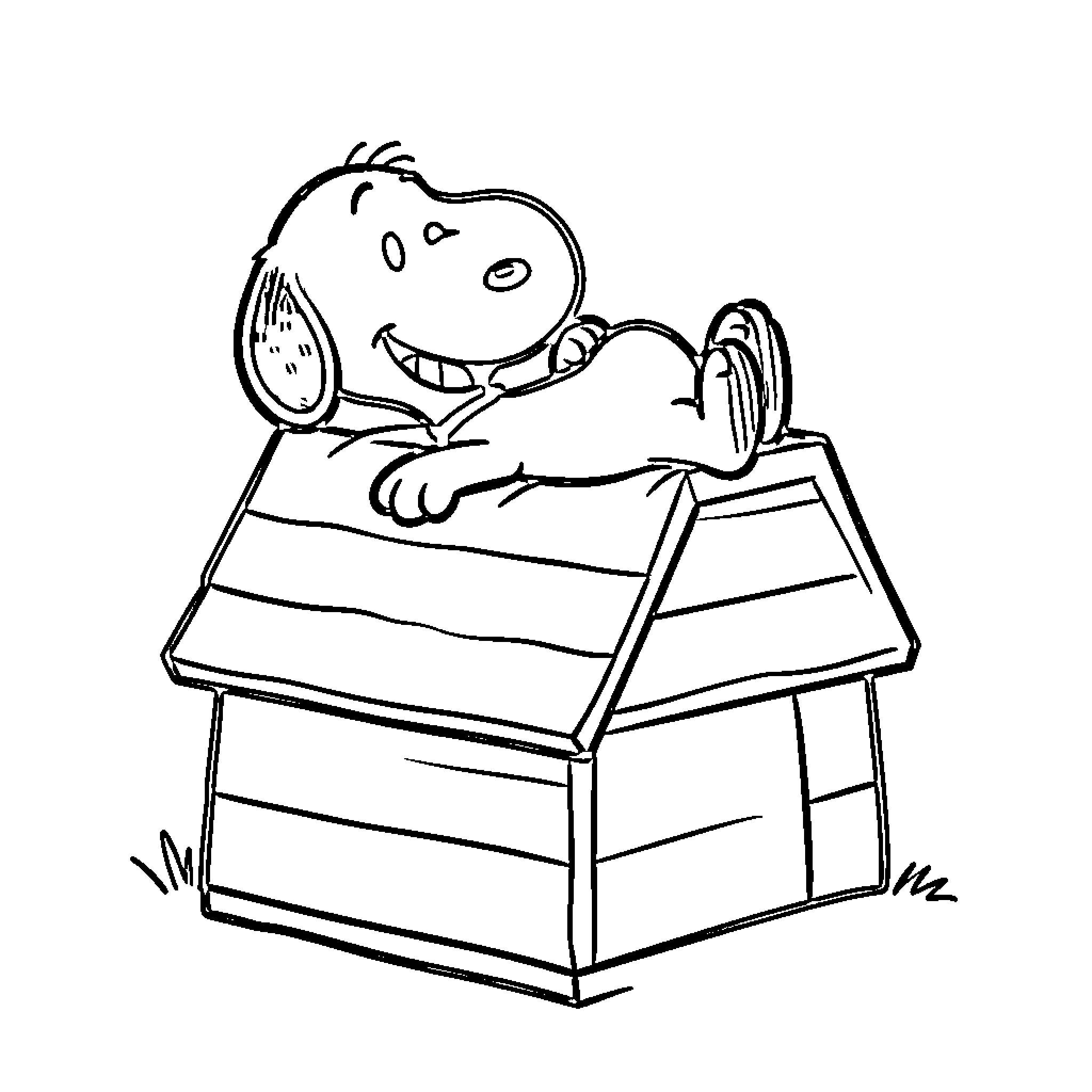 Snoopy relaxing on top of a doghouse Coloring Page (free black-and-white line drawing printable PDF for all, from beginners to advanced learners, including children, teens, adults, and seniors)