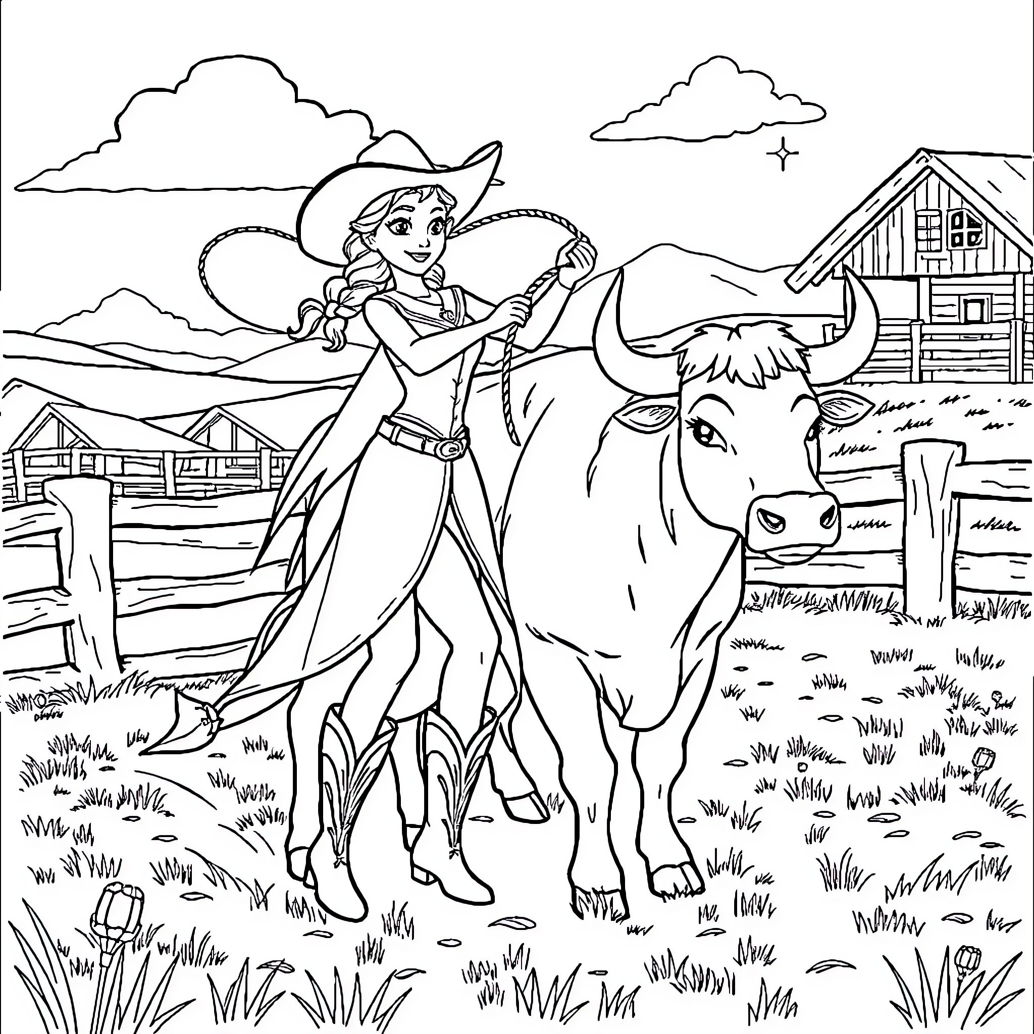 Elsa's Cowgirl Adventure in the Countryside Coloring Page (free black-and-white line drawing printable PDF for all, from beginners to advanced learners, including children, teens, adults, and seniors)