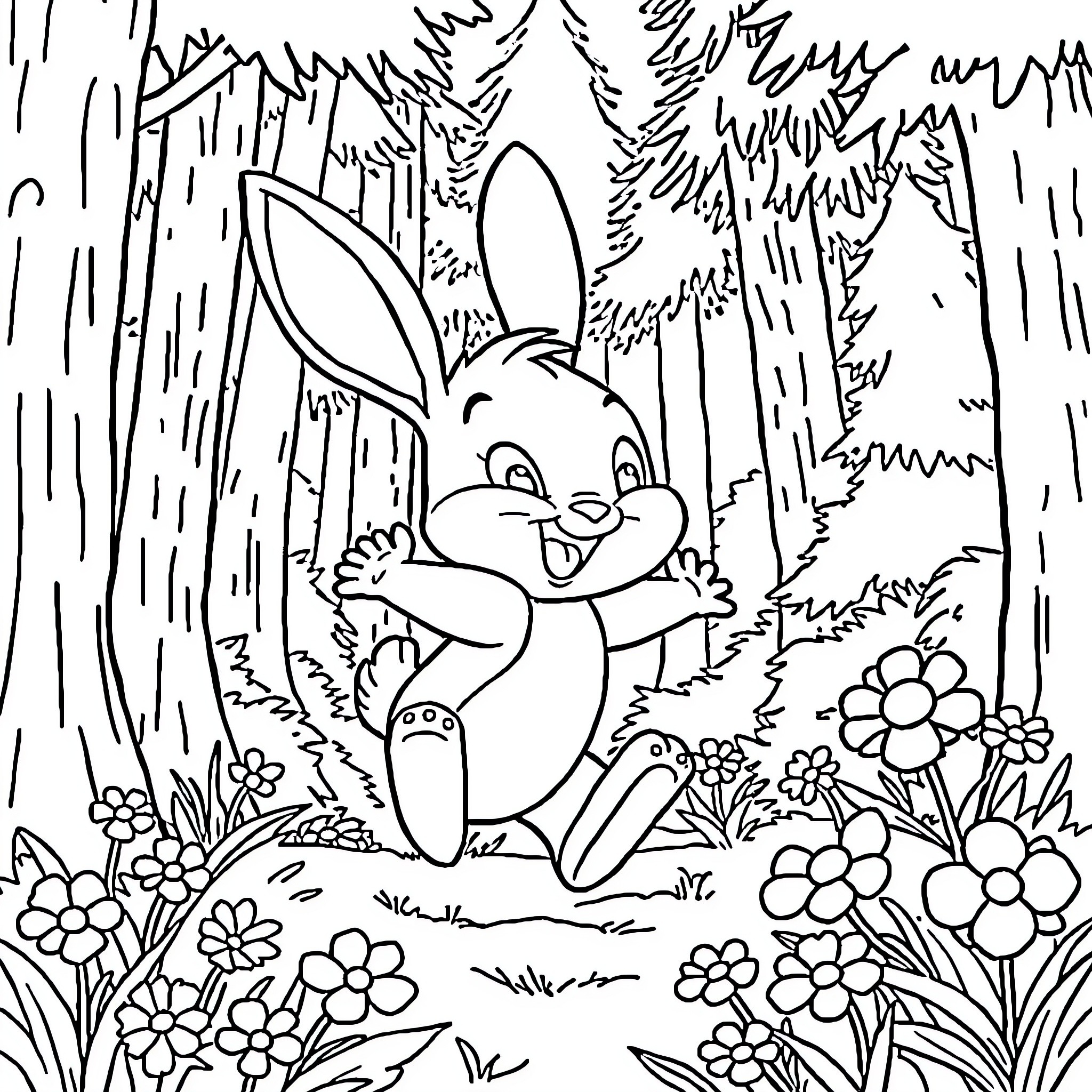 Thumper playing in the forest Coloring Page (free black-and-white line drawing printable PDF for all, from beginners to advanced learners, including children, teens, adults, and seniors)