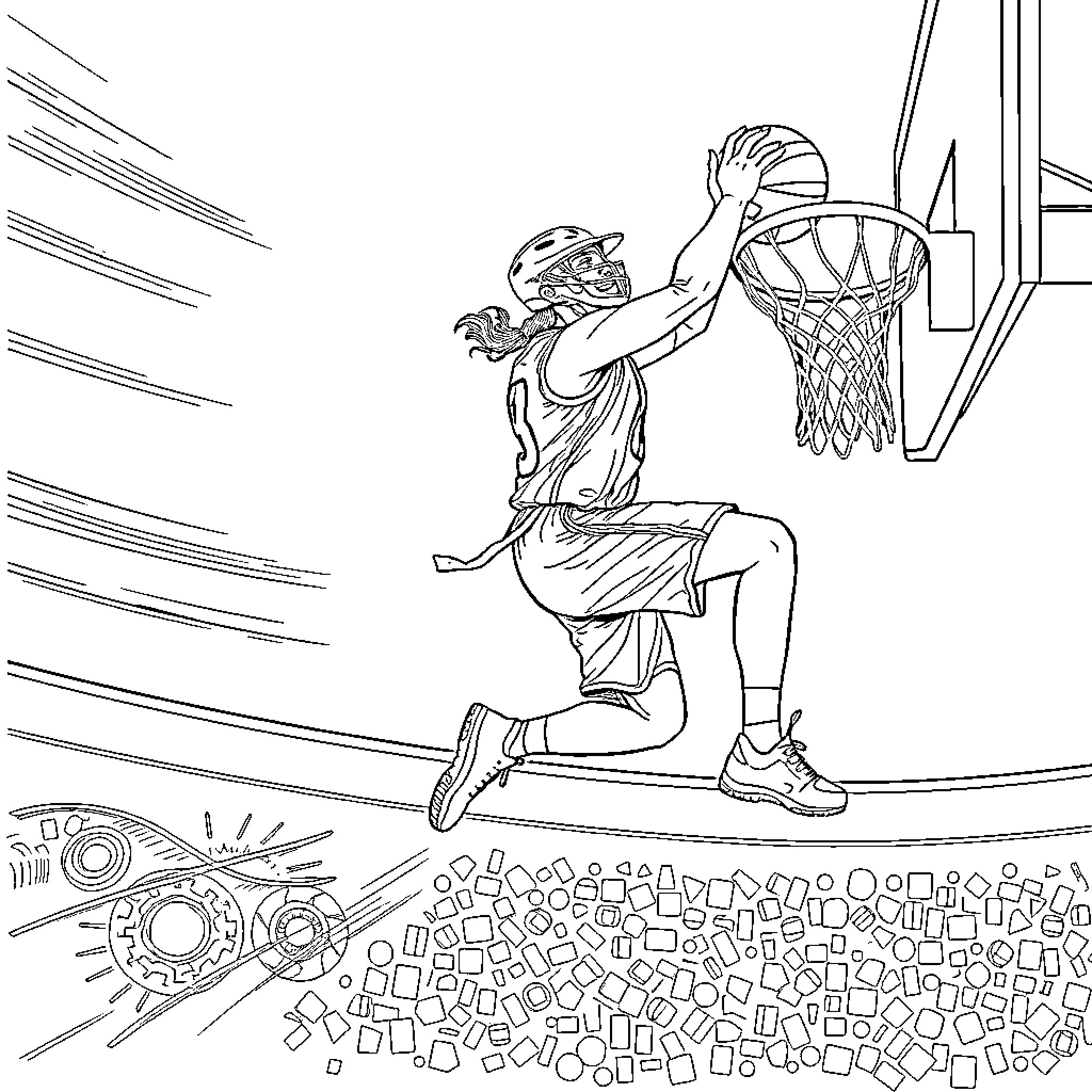 Basketball Player Dunking the Ball Forcefully Coloring Page (free black-and-white line drawing printable PDF for all, from beginners to advanced learners, including children, teens, adults, and seniors)