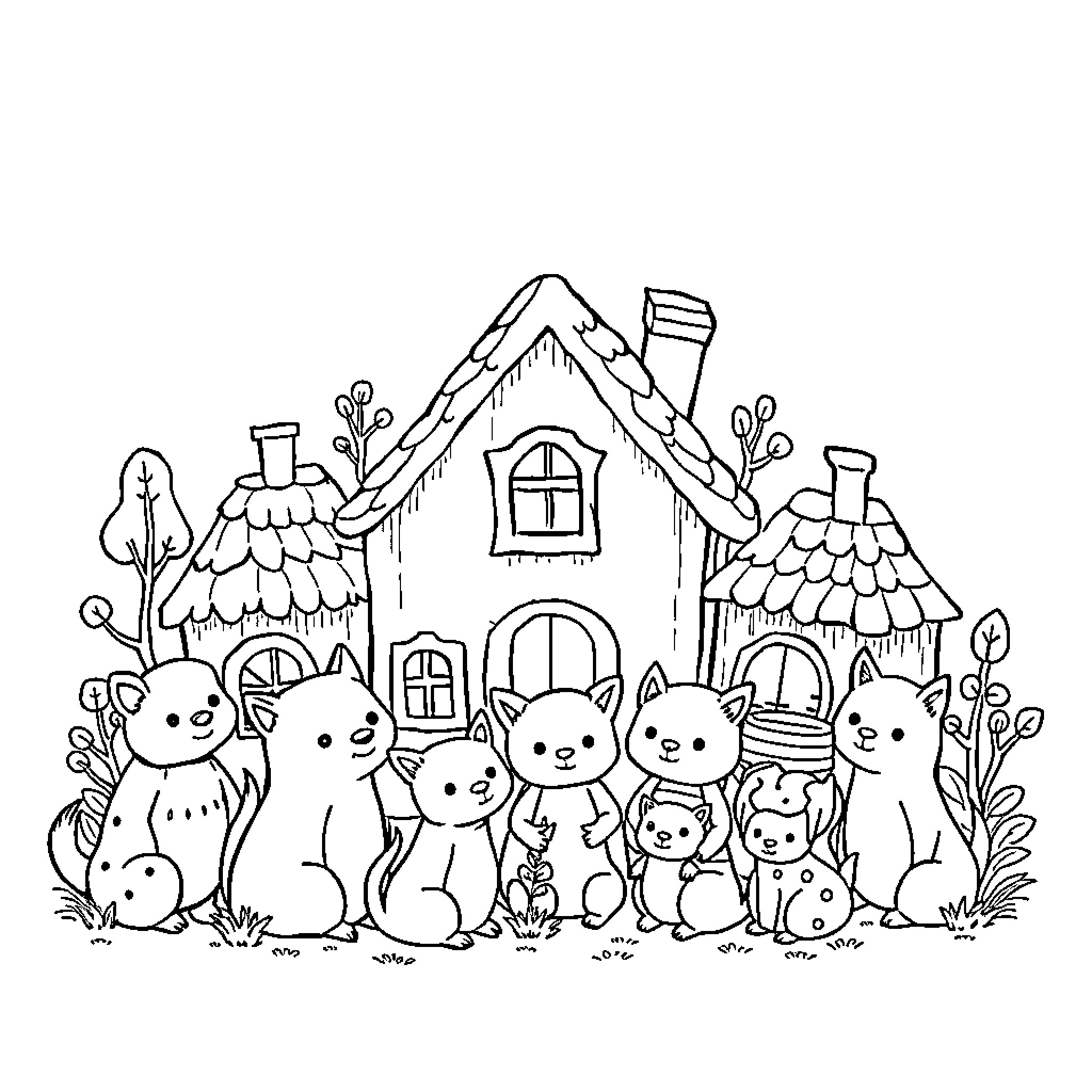 Sylvanian Families enjoying a cozy cottage scene Coloring Page (free black-and-white line drawing printable PDF for all, from beginners to advanced learners, including children, teens, adults, and seniors)