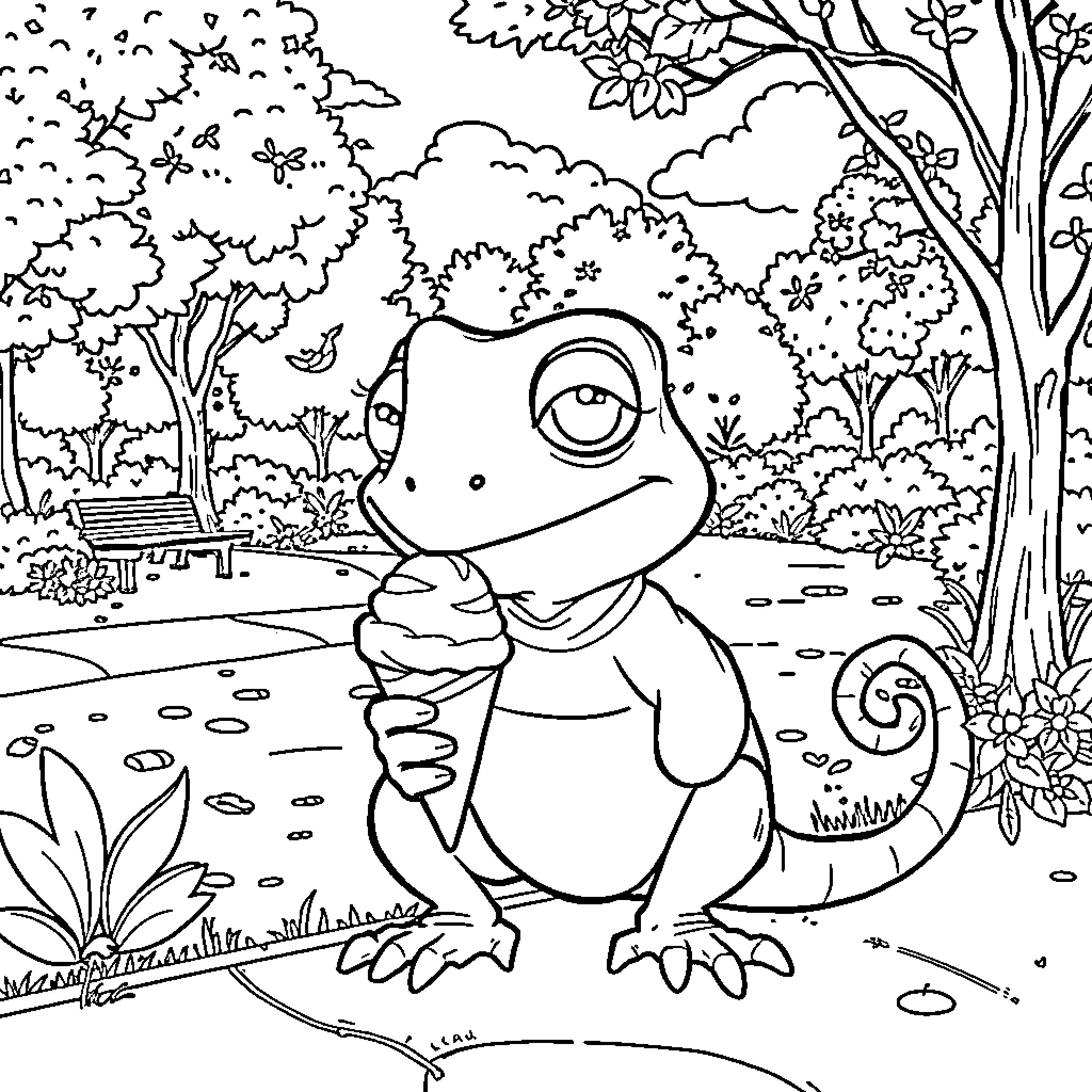 Pascal's Serene Forest Adventure Coloring Page (free black-and-white line drawing printable PDF for all, from beginners to advanced learners, including children, teens, adults, and seniors)