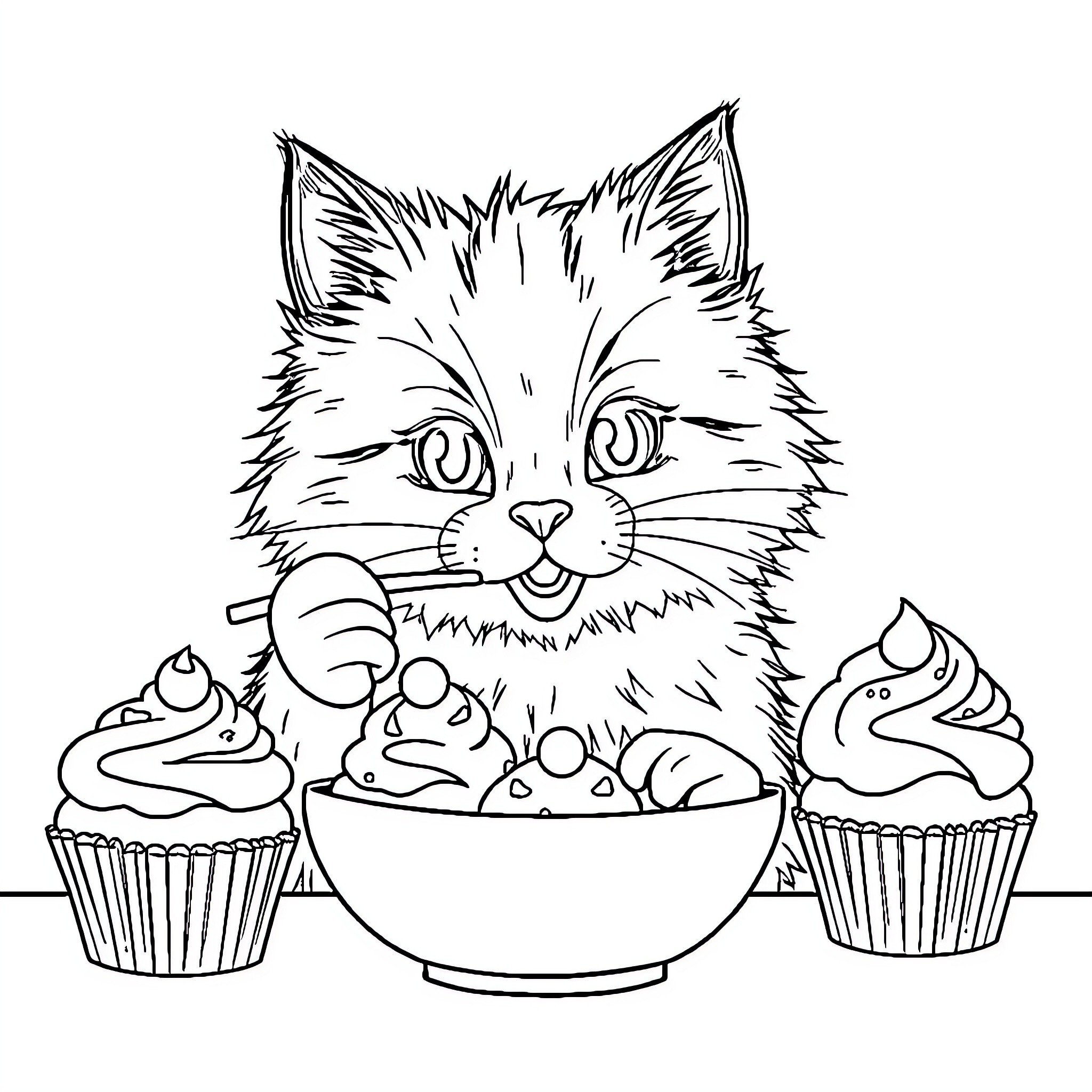 Cat enjoying a bowl of treats and cupcakes Coloring Page (free black-and-white line drawing printable PDF for all, from beginners to advanced learners, including children, teens, adults, and seniors)