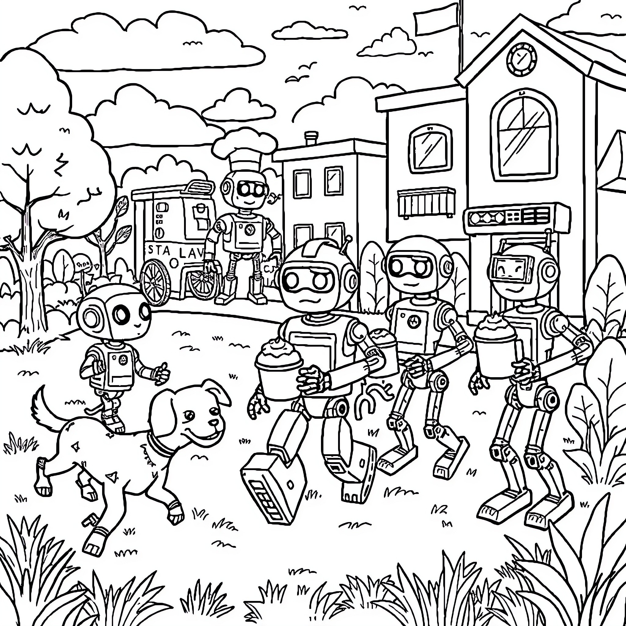 Robot Companions Exploring the Neighborhood Coloring Page (free black-and-white line drawing printable PDF for all, from beginners to advanced learners, including children, teens, adults, and seniors)
