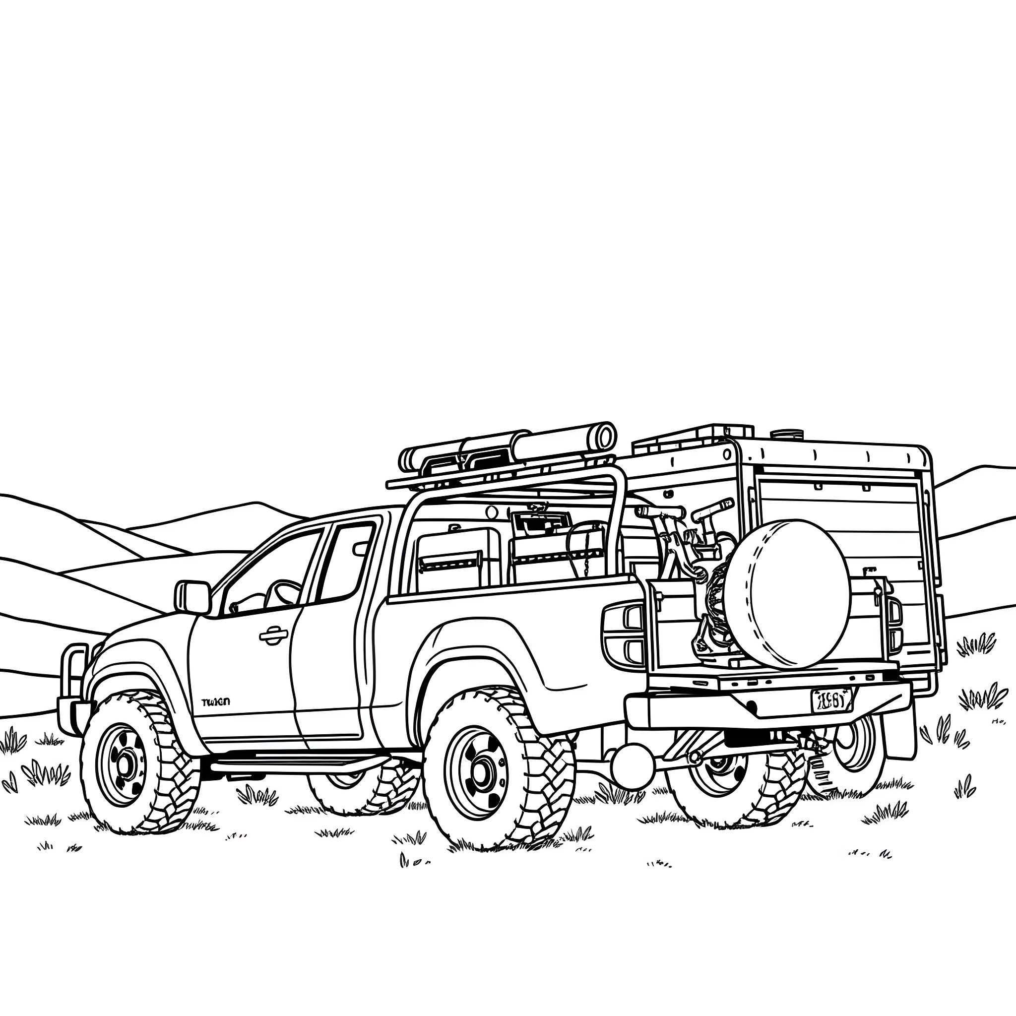 Truck off-road expedition in the wilderness Coloring Page (free black-and-white line drawing printable PDF for all, from beginners to advanced learners, including children, teens, adults, and seniors)