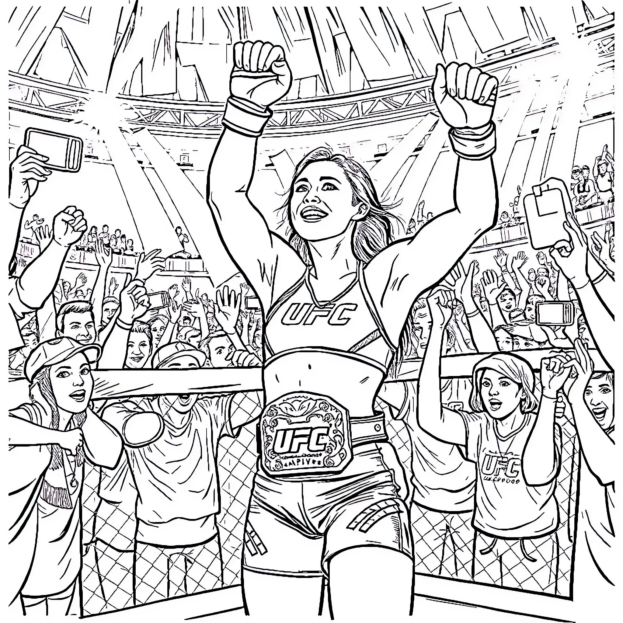 Alexa Grasso Celebrates UFC Victory with Excited Fans Coloring Page (free black-and-white line drawing printable PDF for all, from beginners to advanced learners, including children, teens, adults, and seniors)