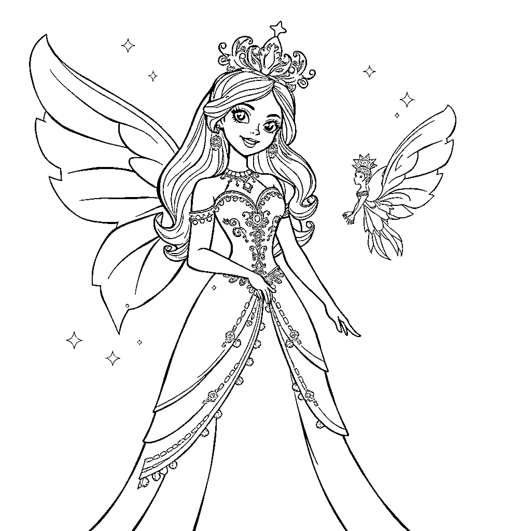 Fairy Godmother's Magical Attire and Companions Coloring Page (free black-and-white line drawing printable PDF for all, from beginners to advanced learners, including children, teens, adults, and seniors)
