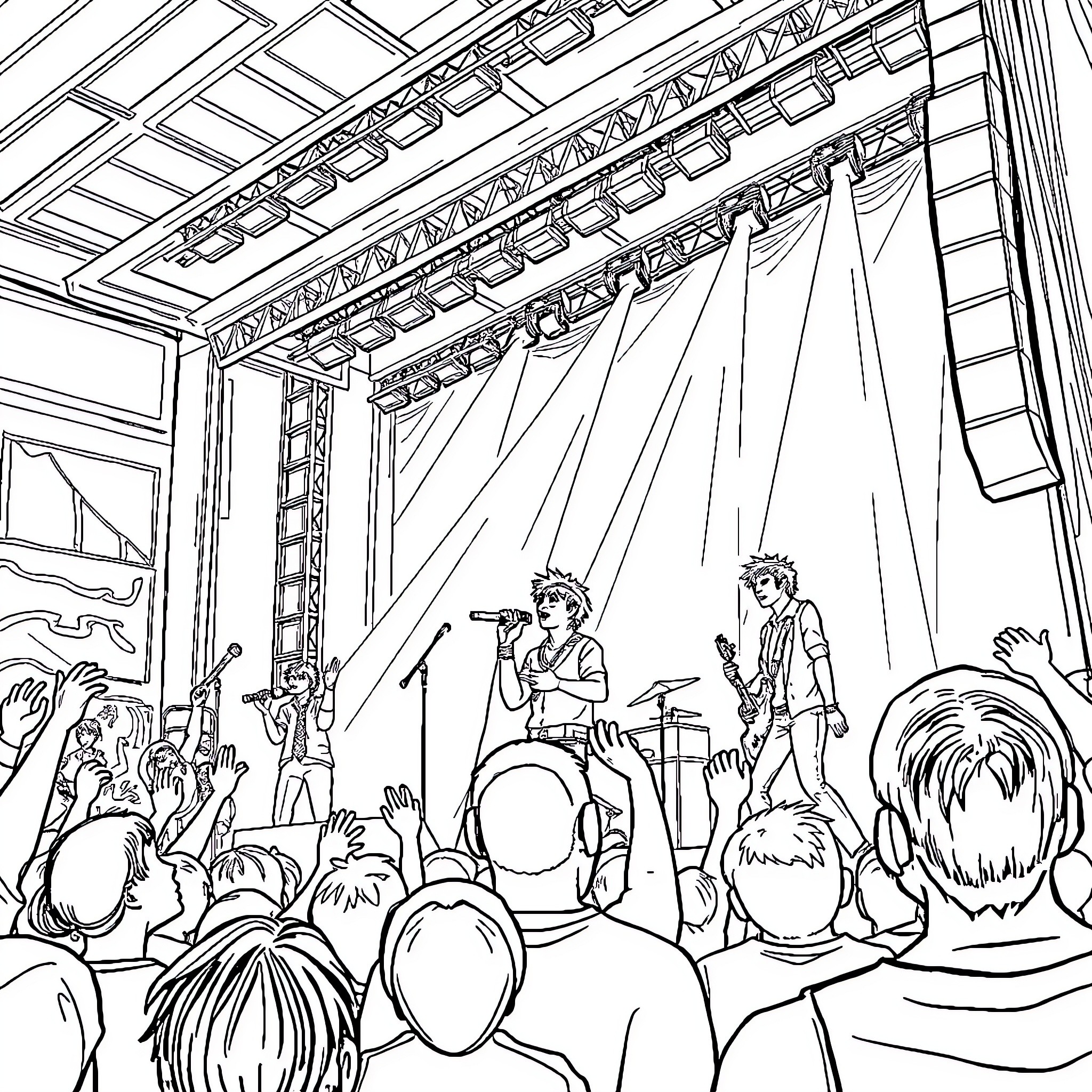 Stray Kids Performing on Stage with Enthusiastic Audience Coloring Page (free black-and-white line drawing printable PDF for all, from beginners to advanced learners, including children, teens, adults, and seniors)