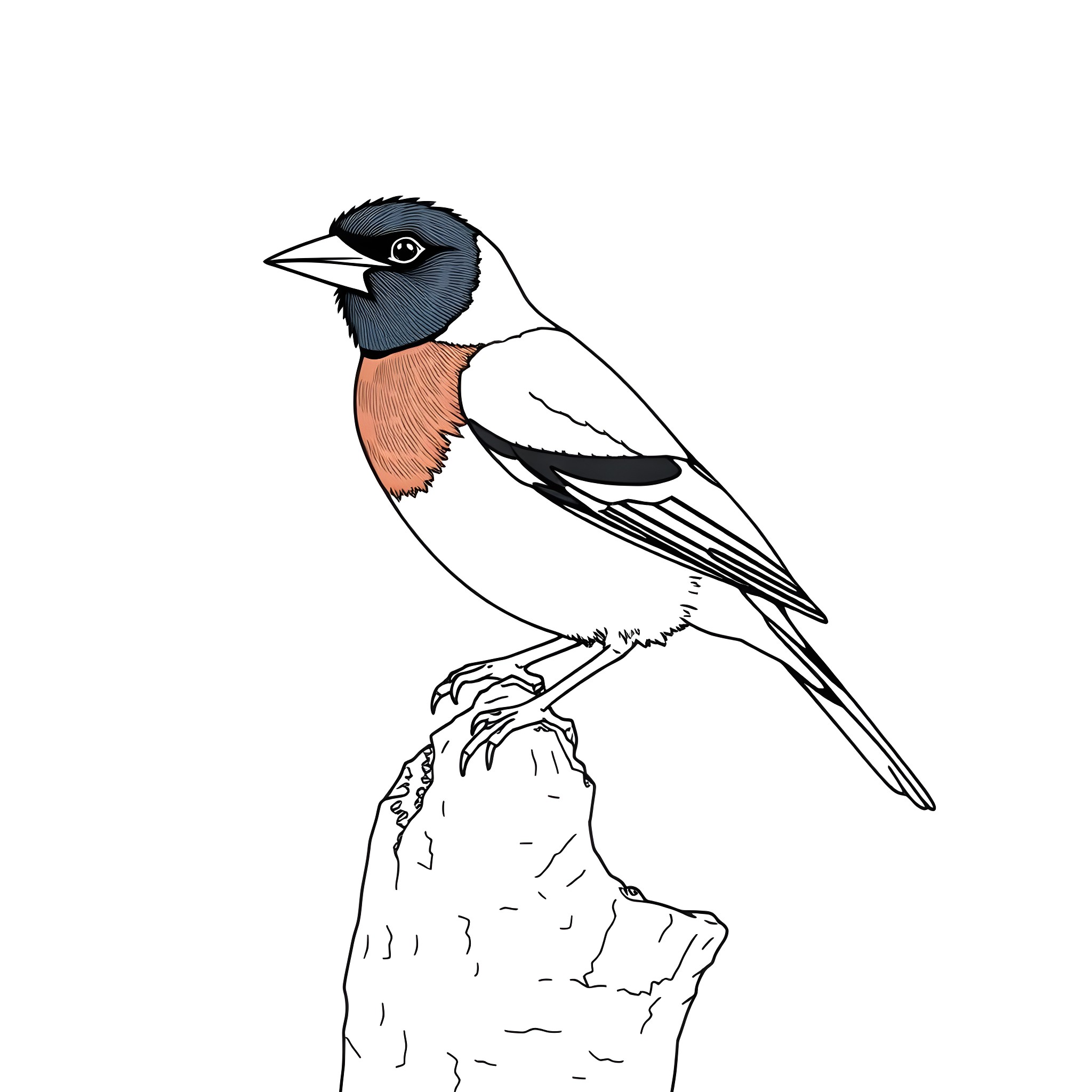 Gouldian Finch perched on a stone Coloring Page (free black-and-white line drawing printable PDF for all, from beginners to advanced learners, including children, teens, adults, and seniors)