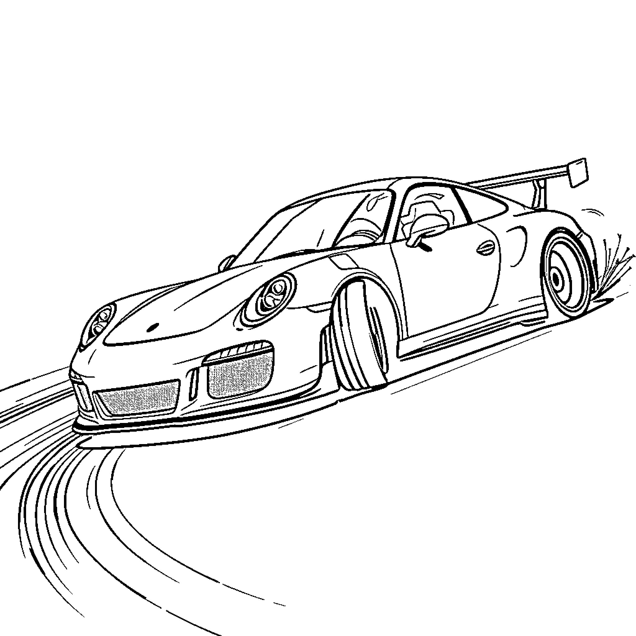 911 Speeding sports car on race track Coloring Page (free black-and-white line drawing printable PDF for all, from beginners to advanced learners, including children, teens, adults, and seniors)