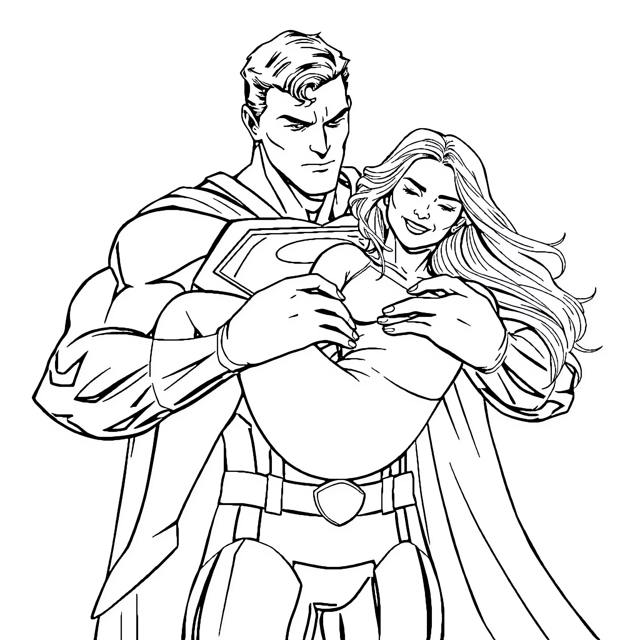 Superman embracing a smiling woman Coloring Page (free black-and-white line drawing printable PDF for all, from beginners to advanced learners, including children, teens, adults, and seniors)