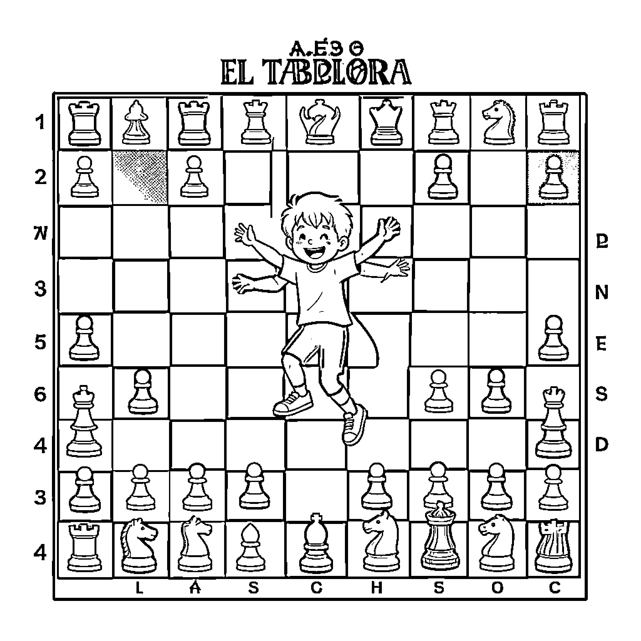 Tablero de juego de ajedrez con niño emocionado Coloring Page (free black-and-white line drawing printable PDF for all, from beginners to advanced learners, including children, teens, adults, and seniors)