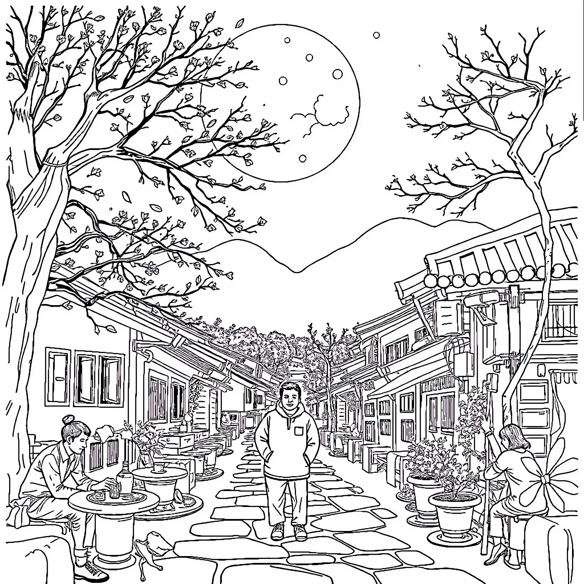 Girlfriend's Stroll in Quaint Moonlit Village Coloring Page (free black-and-white line drawing printable PDF for all, from beginners to advanced learners, including children, teens, adults, and seniors)