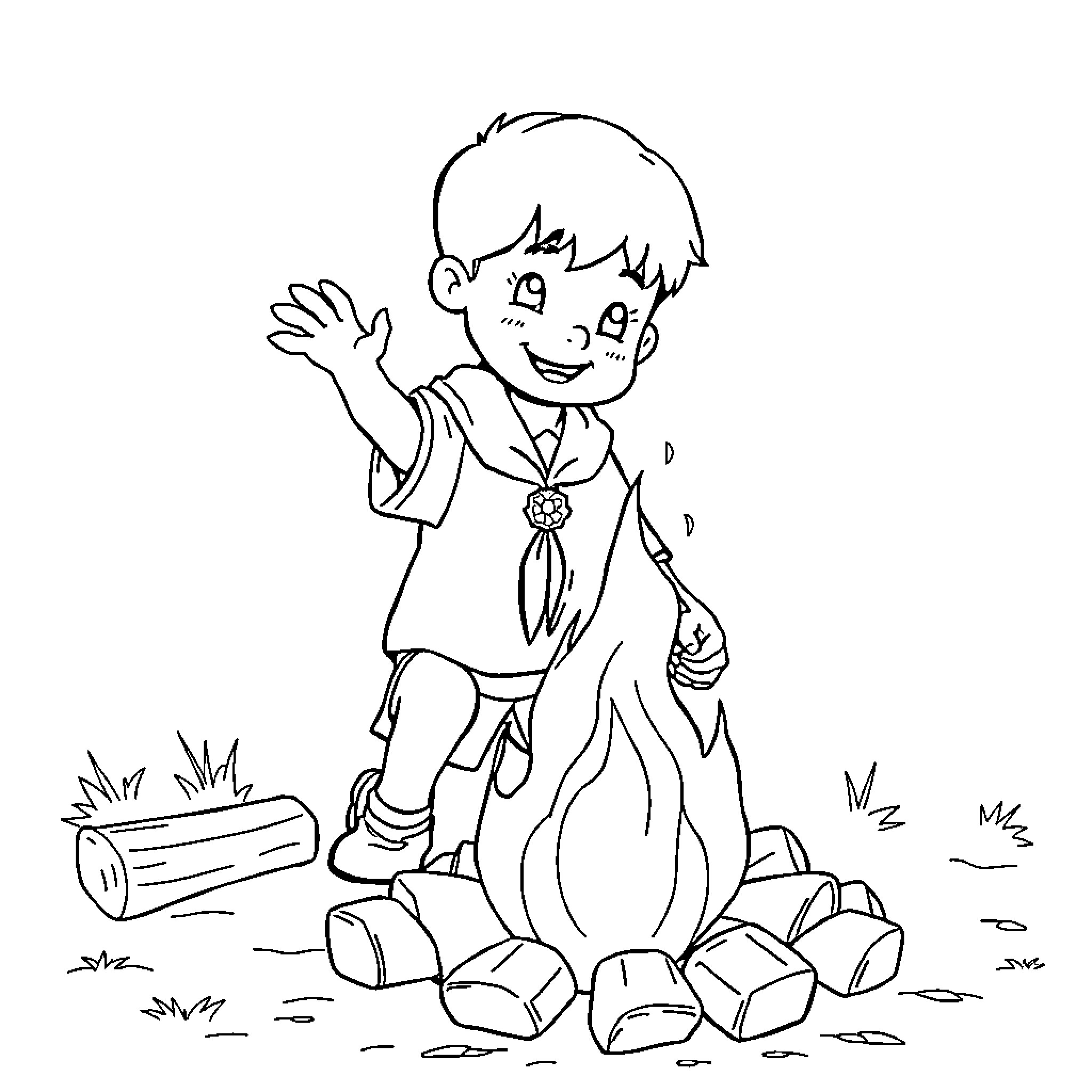 Boyscout enjoying campfire by the woods Coloring Page (free black-and-white line drawing printable PDF for all, from beginners to advanced learners, including children, teens, adults, and seniors)