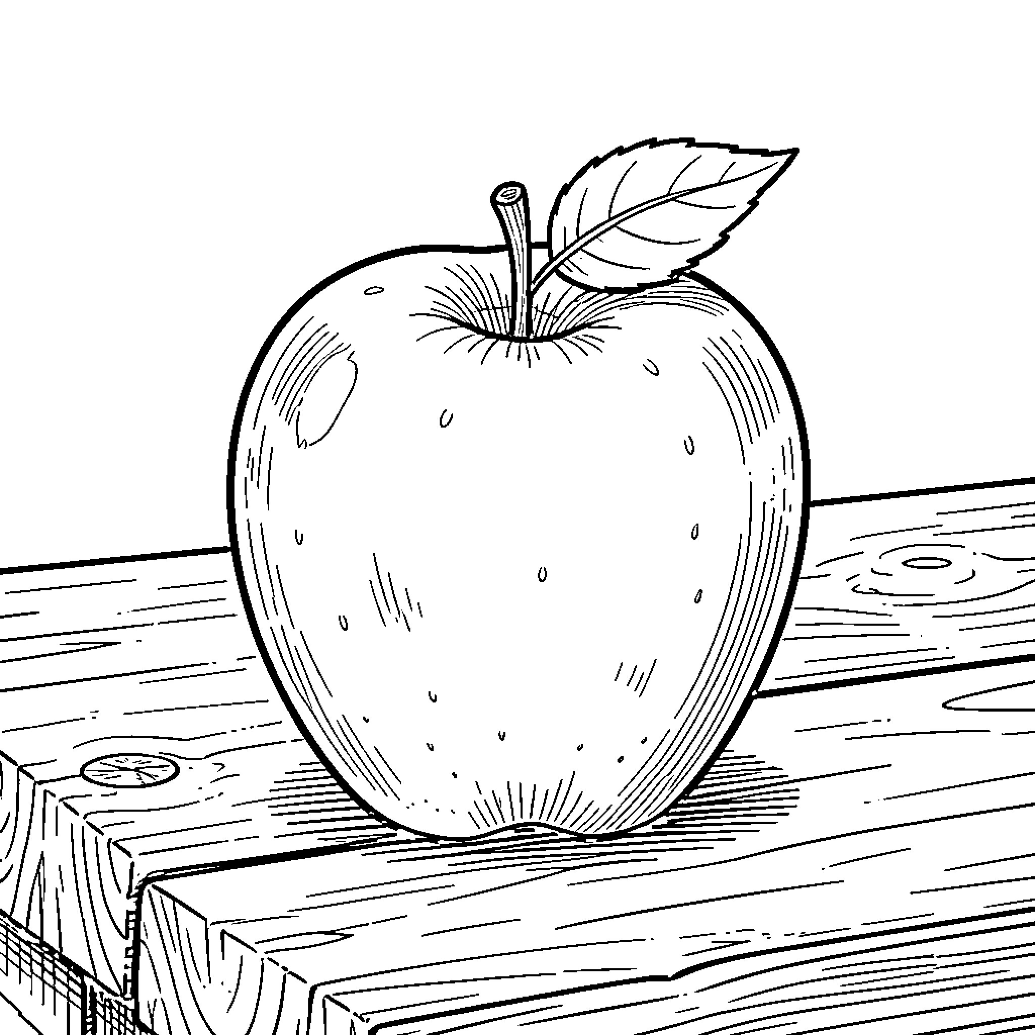 Apple resting on a rustic wooden surface Coloring Page (free black-and-white line drawing printable PDF for all, from beginners to advanced learners, including children, teens, adults, and seniors)