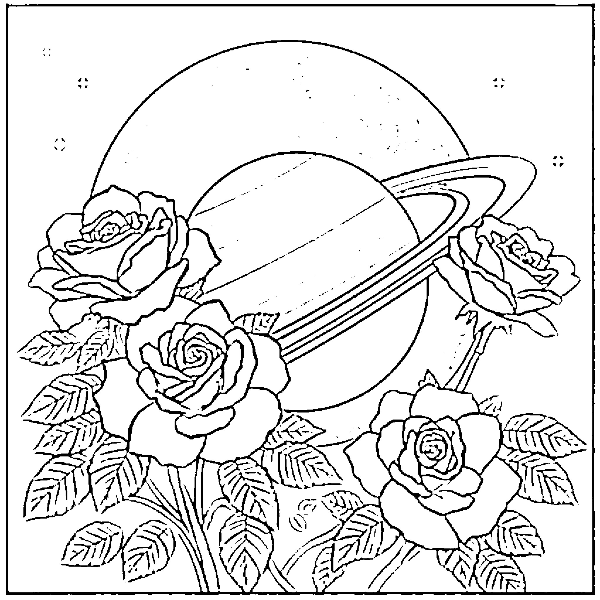 Rose Flower Bouquet Under Starry Night Sky Coloring Page (free black-and-white line drawing printable PDF for all, from beginners to advanced learners, including children, teens, adults, and seniors)