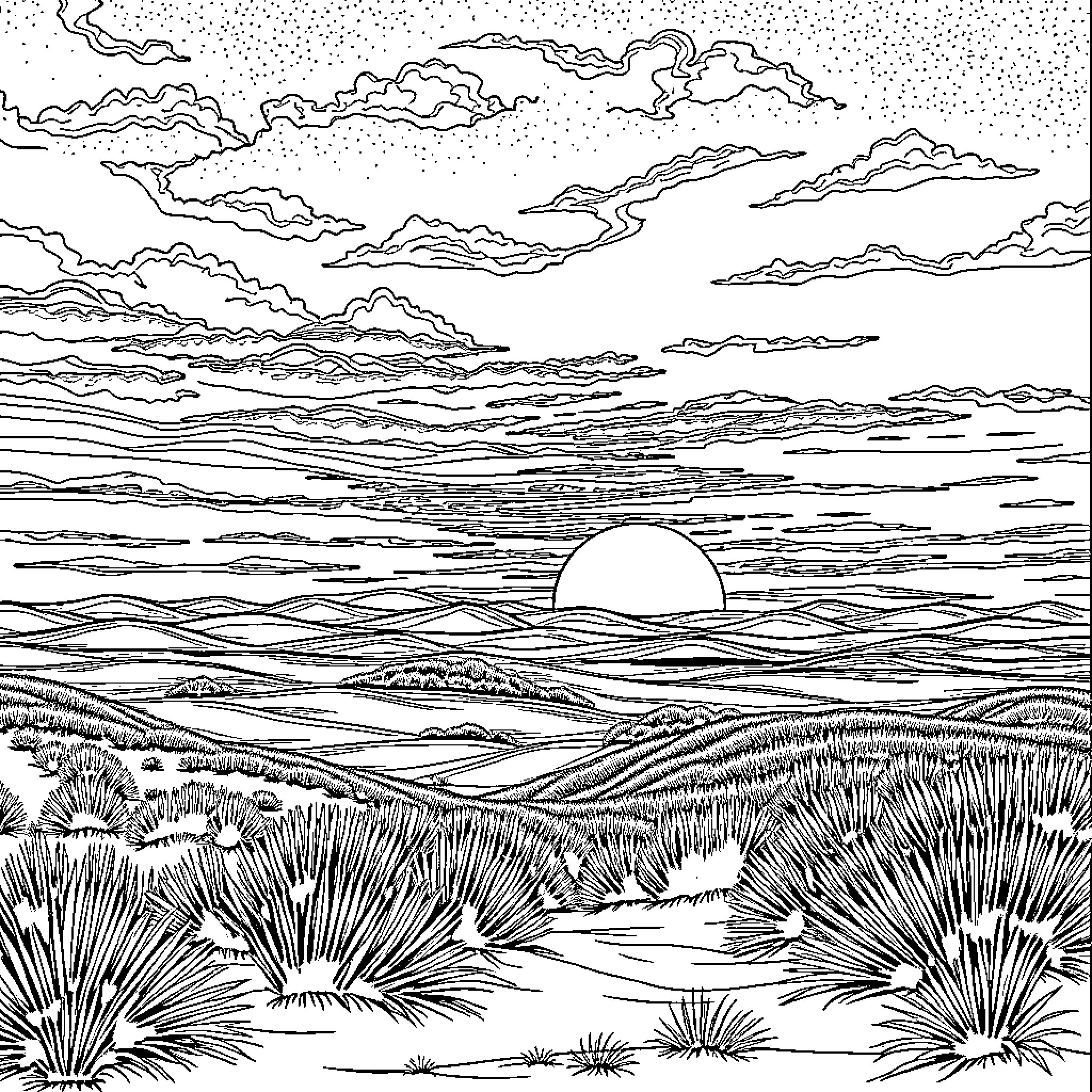 Sunrise over the serene landscape Coloring Page (free black-and-white line drawing printable PDF for all, from beginners to advanced learners, including children, teens, adults, and seniors)