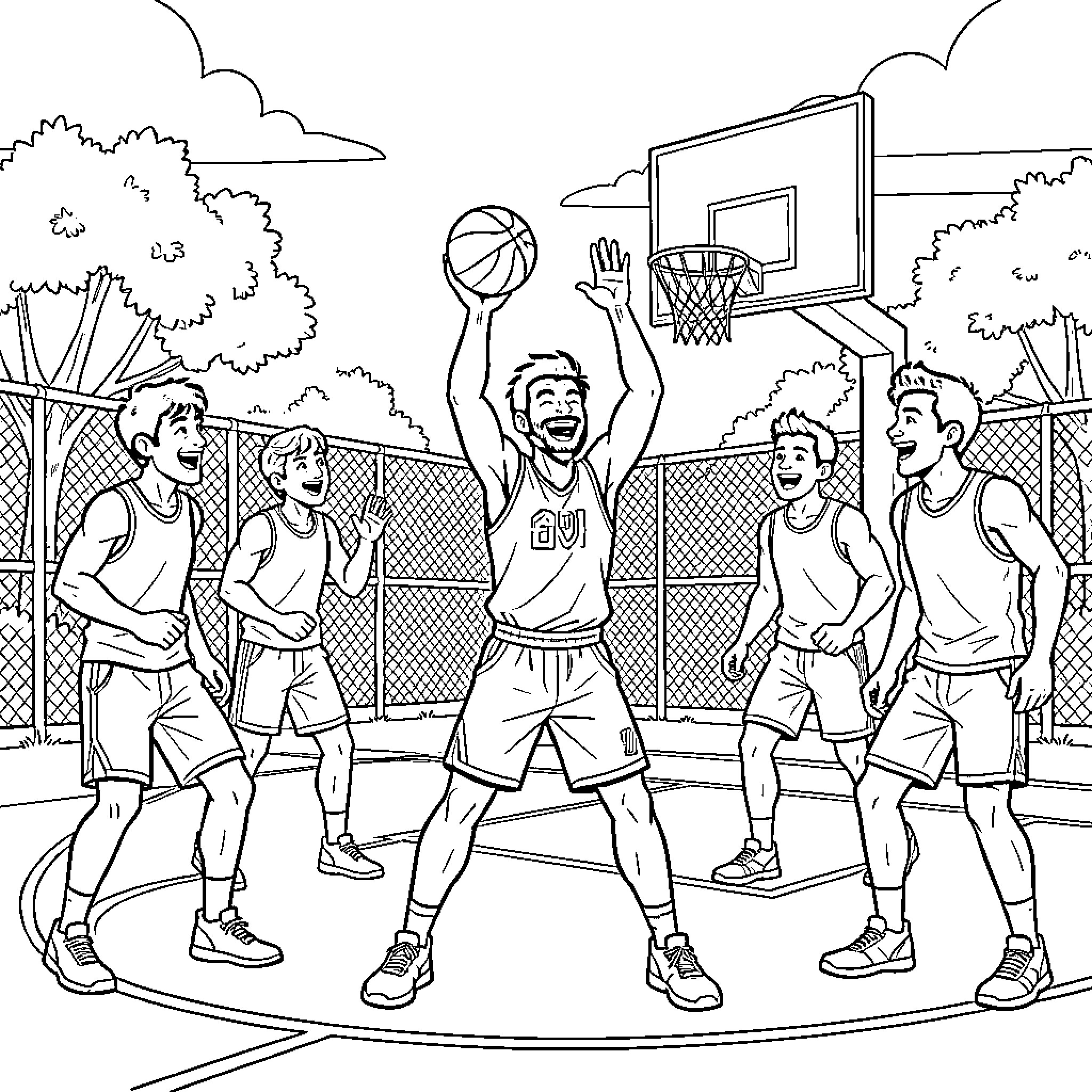 Goat basketball player shooting a hoop during a game Coloring Page (free black-and-white line drawing printable PDF for all, from beginners to advanced learners, including children, teens, adults, and seniors)