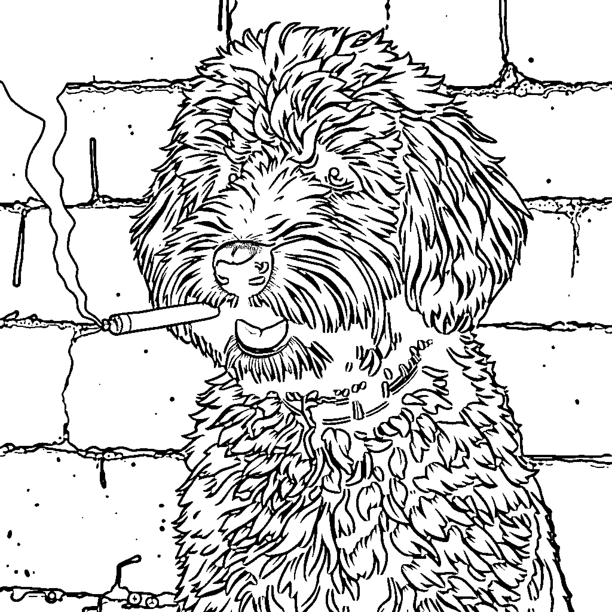 Doodle of a playful fuzzy dog Coloring Page (free black-and-white line drawing printable PDF for all, from beginners to advanced learners, including children, teens, adults, and seniors)